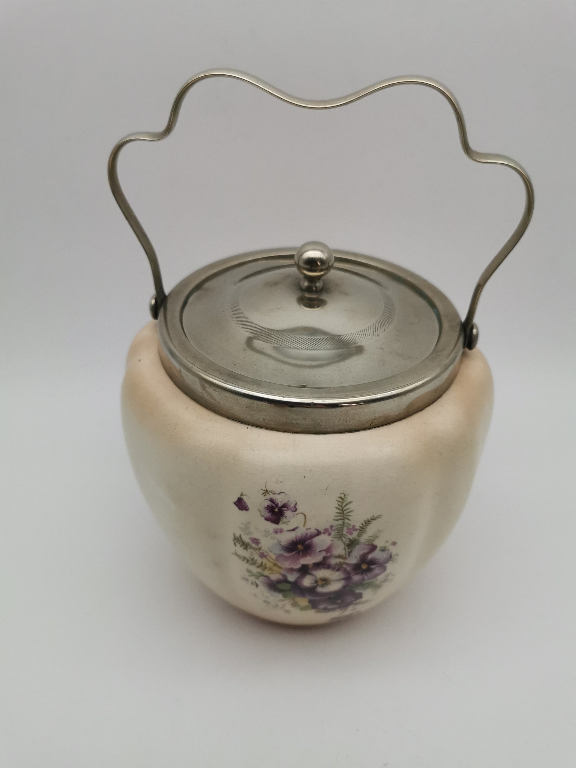 Antique/Vintage Crown Devon Biscuit Barrel, Hand-Painted Purple Pansies, S. Fielding & Co