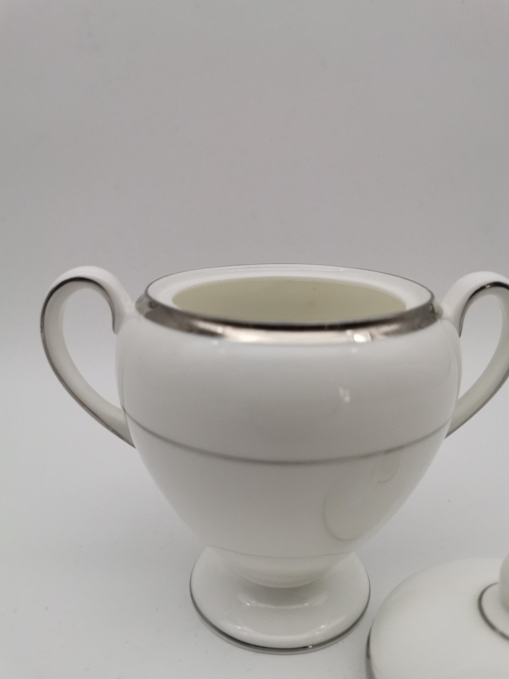 Vintage Wedgwood White and Platinum Fine Bone China Lidded Sugar Bowl