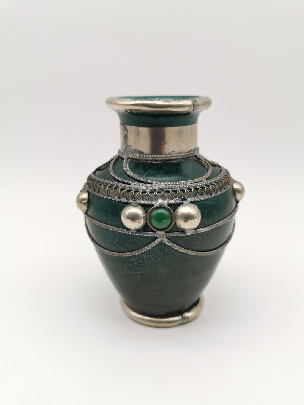 Vintage Moroccan Safi Pottery Vase – Emerald Green with Hand-Applied Metal Filigree and Cabochons