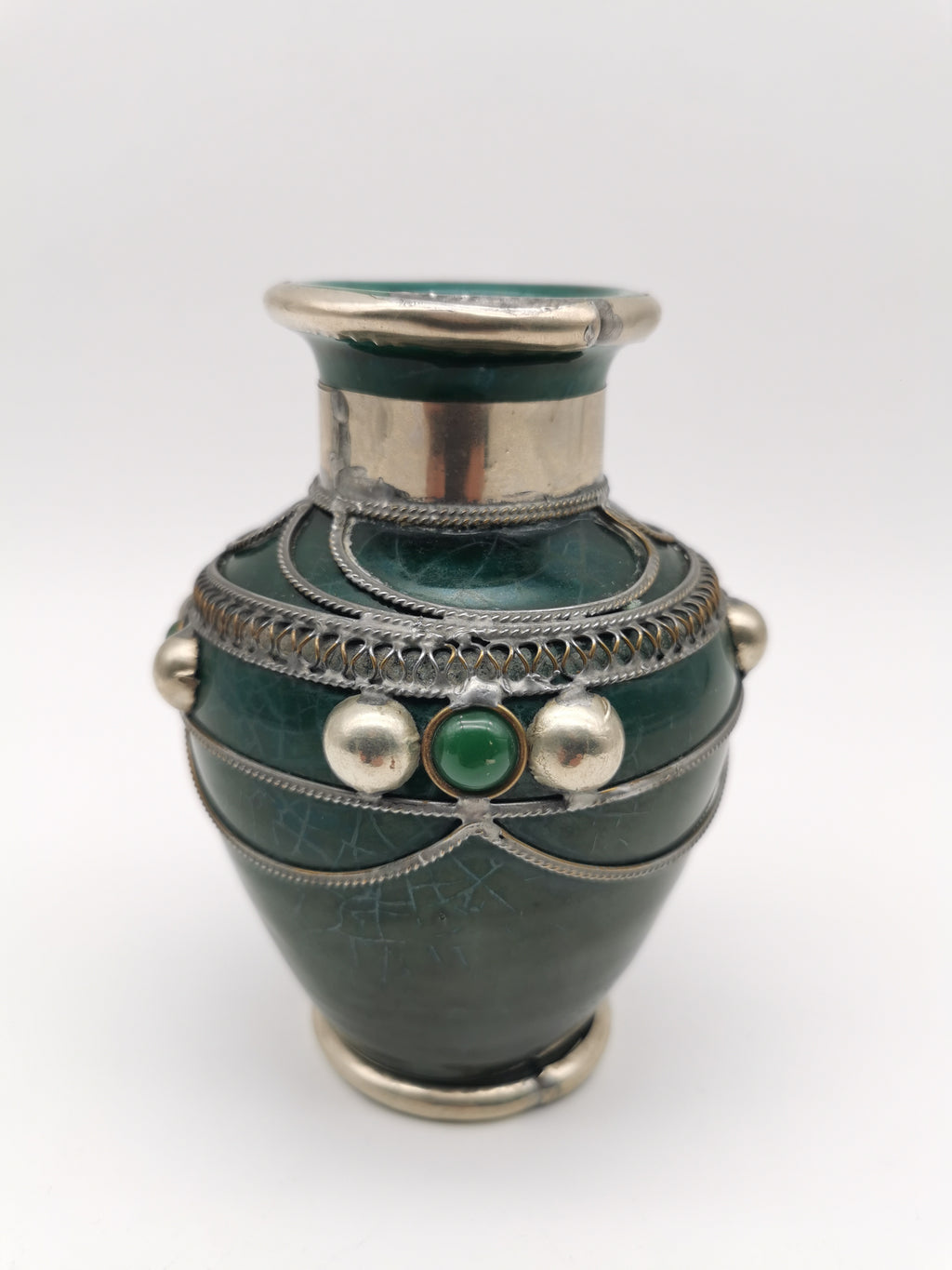 Vintage Moroccan Safi Pottery Vase – Emerald Green with Hand-Applied Metal Filigree and Cabochons