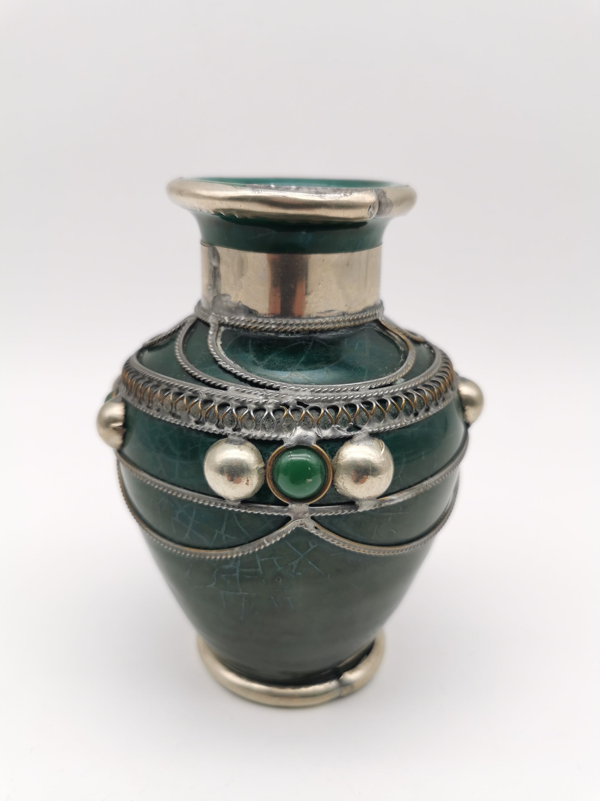 Vintage Moroccan Safi Pottery Vase – Emerald Green with Hand-Applied Metal Filigree and Cabochons