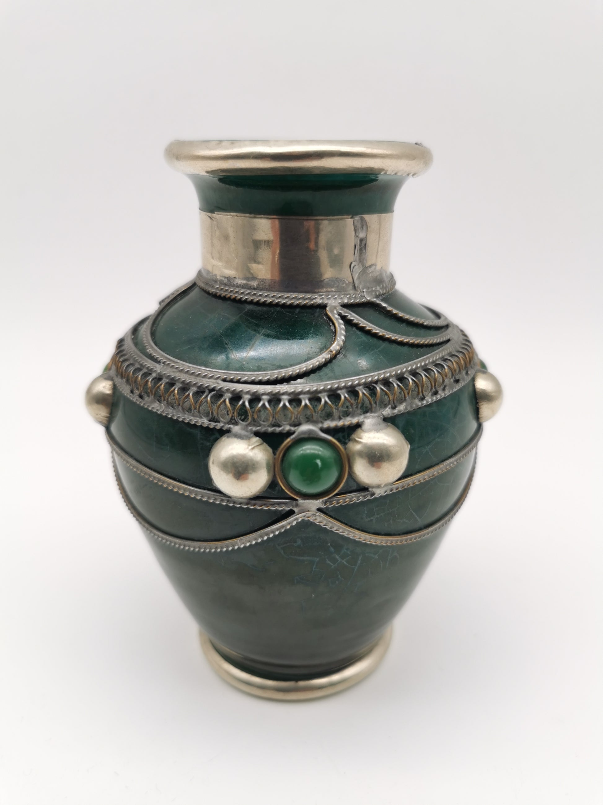 Vintage Moroccan Safi Pottery Vase – Emerald Green with Hand-Applied Metal Filigree and Cabochons