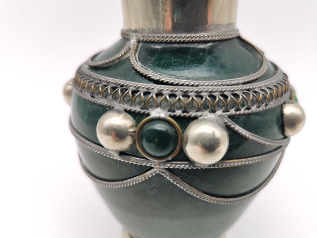 Vintage Moroccan Safi Pottery Vase – Emerald Green with Hand-Applied Metal Filigree and Cabochons