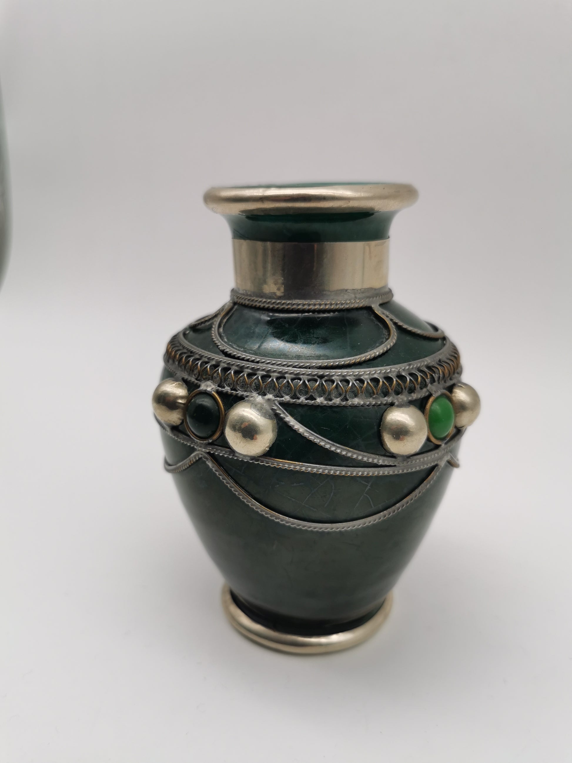 Vintage Moroccan Safi Pottery Vase – Emerald Green with Hand-Applied Metal Filigree and Cabochons