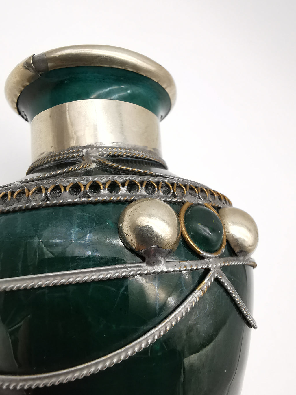 Vintage Moroccan Safi Pottery Vase – Emerald Green with Hand-Applied Metal Filigree and Cabochons