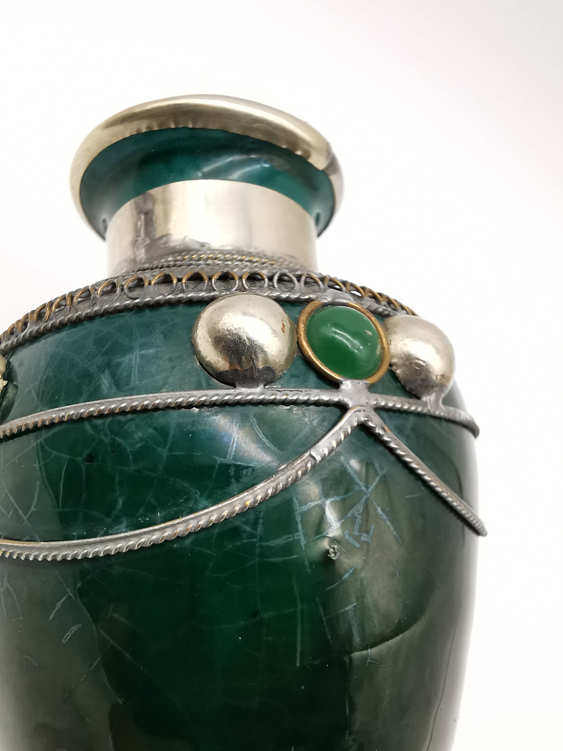 Vintage Moroccan Safi Pottery Vase – Emerald Green with Hand-Applied Metal Filigree and Cabochons