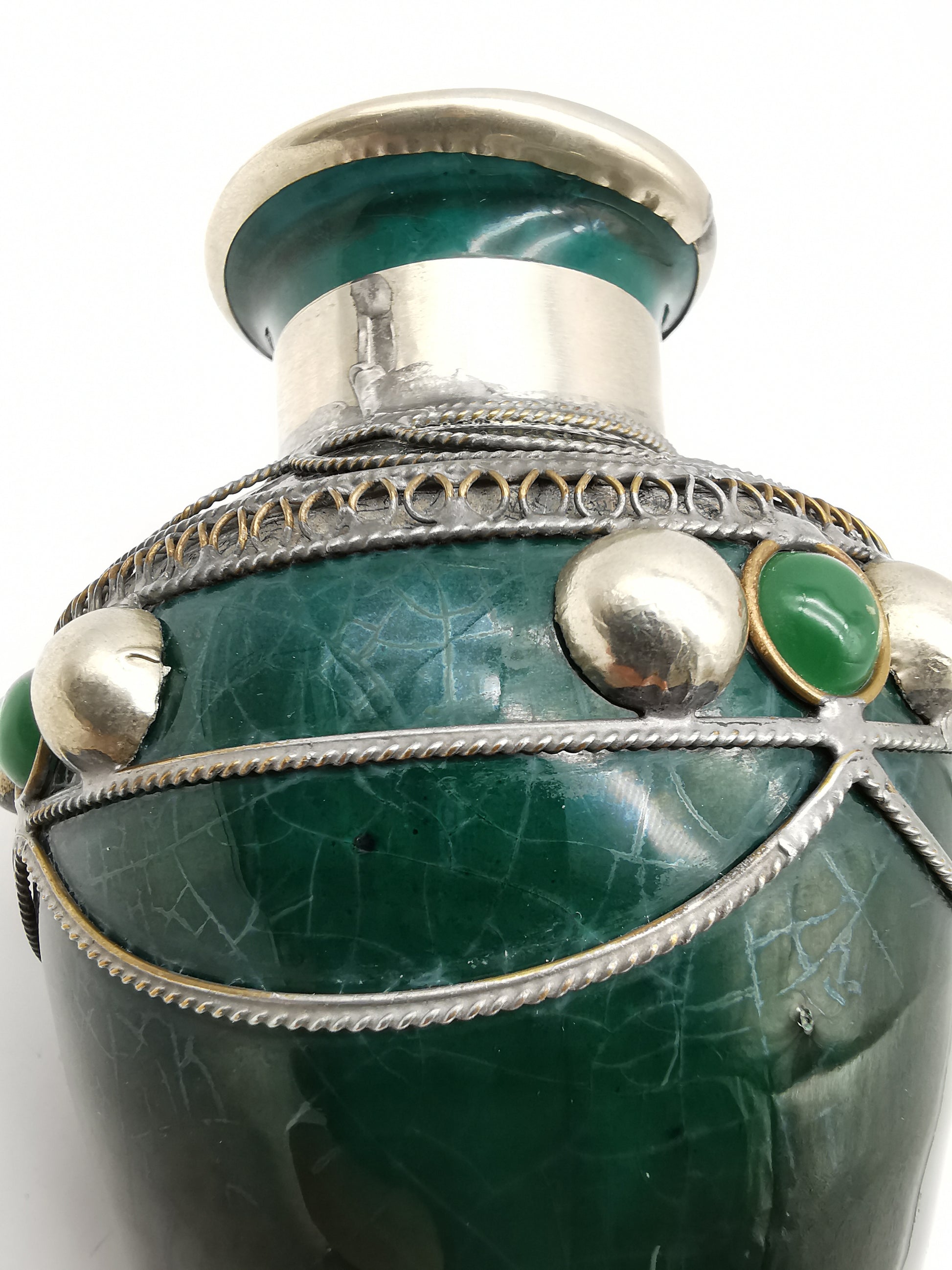 Vintage Moroccan Safi Pottery Vase – Emerald Green with Hand-Applied Metal Filigree and Cabochons