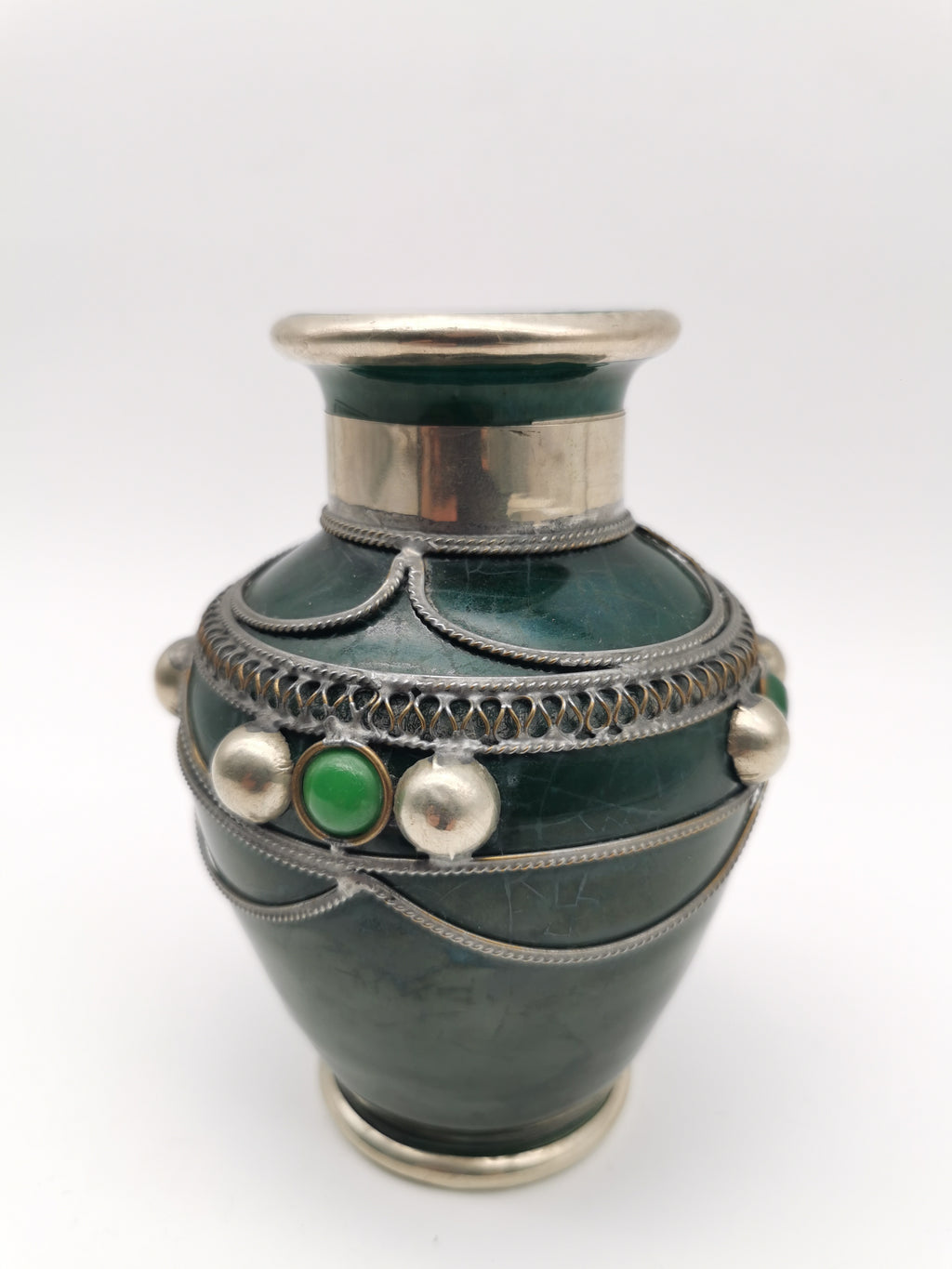 Vintage Moroccan Safi Pottery Vase – Emerald Green with Hand-Applied Metal Filigree and Cabochons