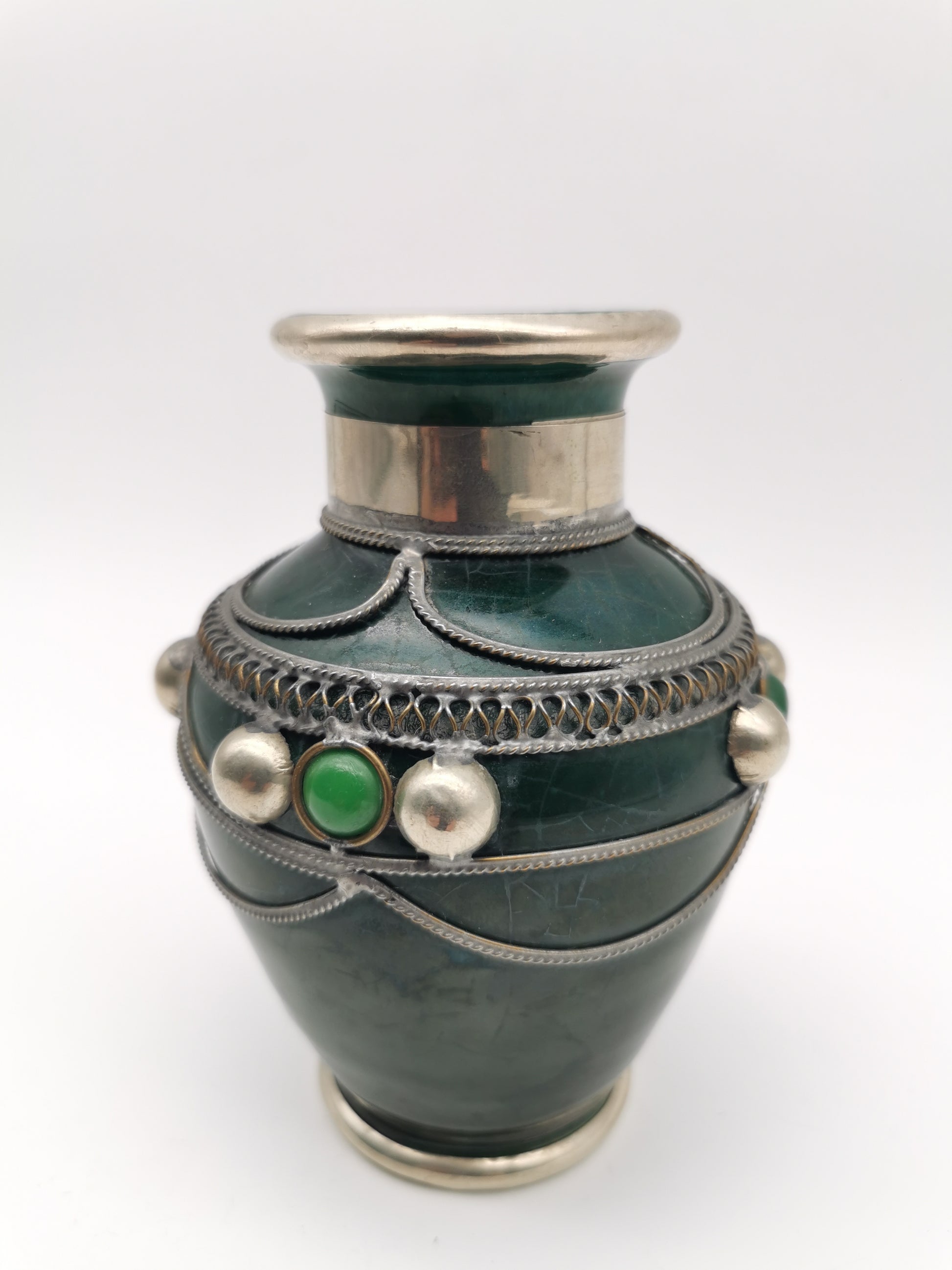 Vintage Moroccan Safi Pottery Vase – Emerald Green with Hand-Applied Metal Filigree and Cabochons