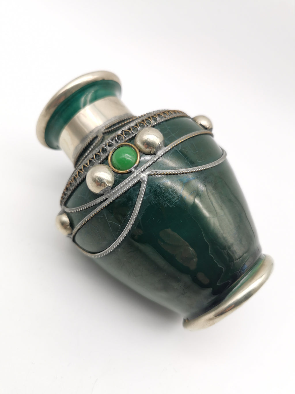 Vintage Moroccan Safi Pottery Vase – Emerald Green with Hand-Applied Metal Filigree and Cabochons