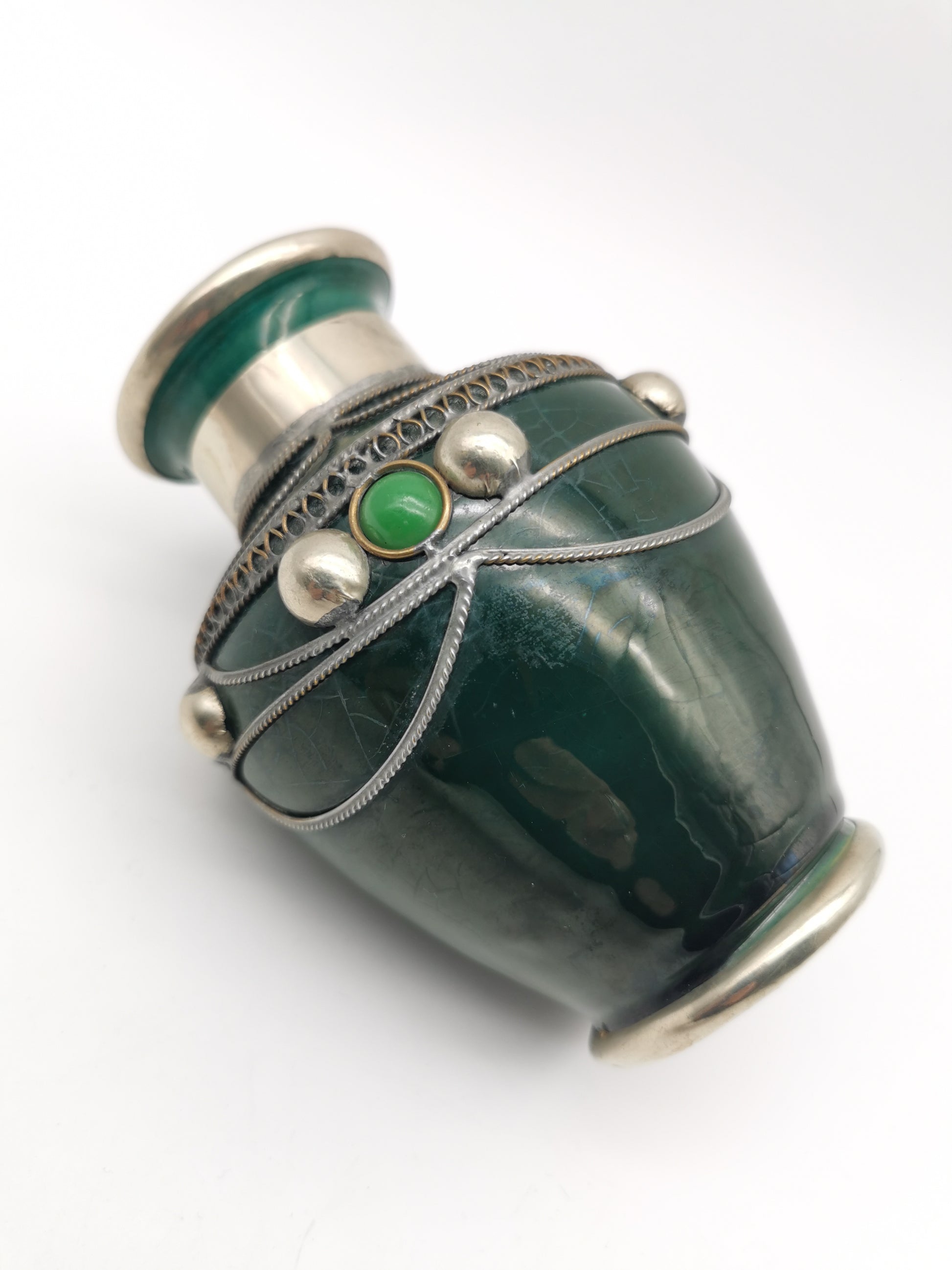 Vintage Moroccan Safi Pottery Vase – Emerald Green with Hand-Applied Metal Filigree and Cabochons