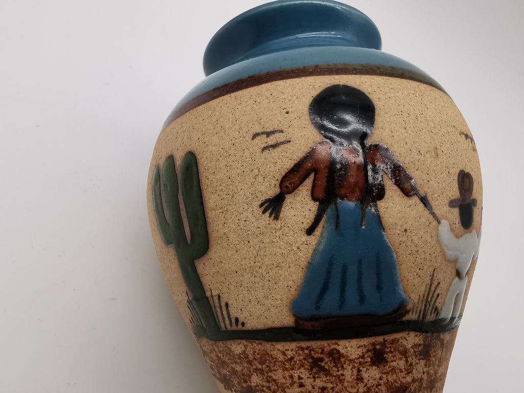 Vintage Signed JC Tonala Mexican Folk Art Vase - Desert Scene
