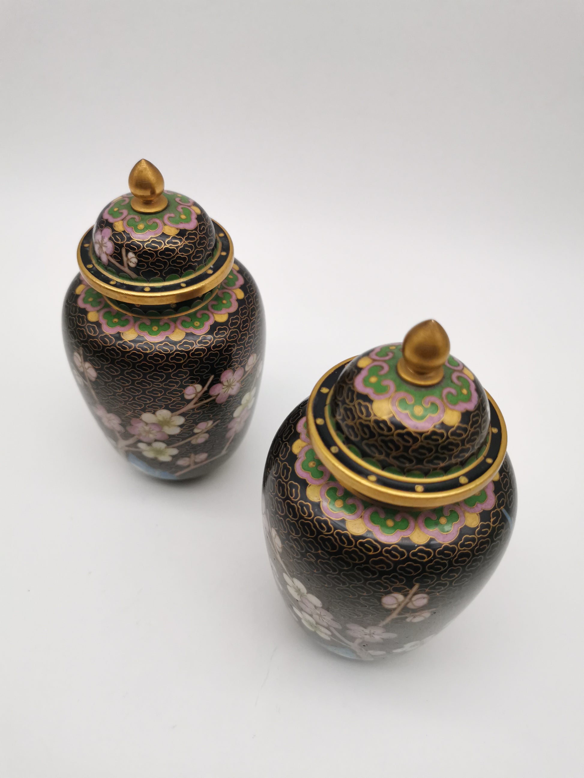 Pair of Vintage Chinese Cloisonné Ginger Jars - Blue Bird and Plum Blossom, with wooden stands