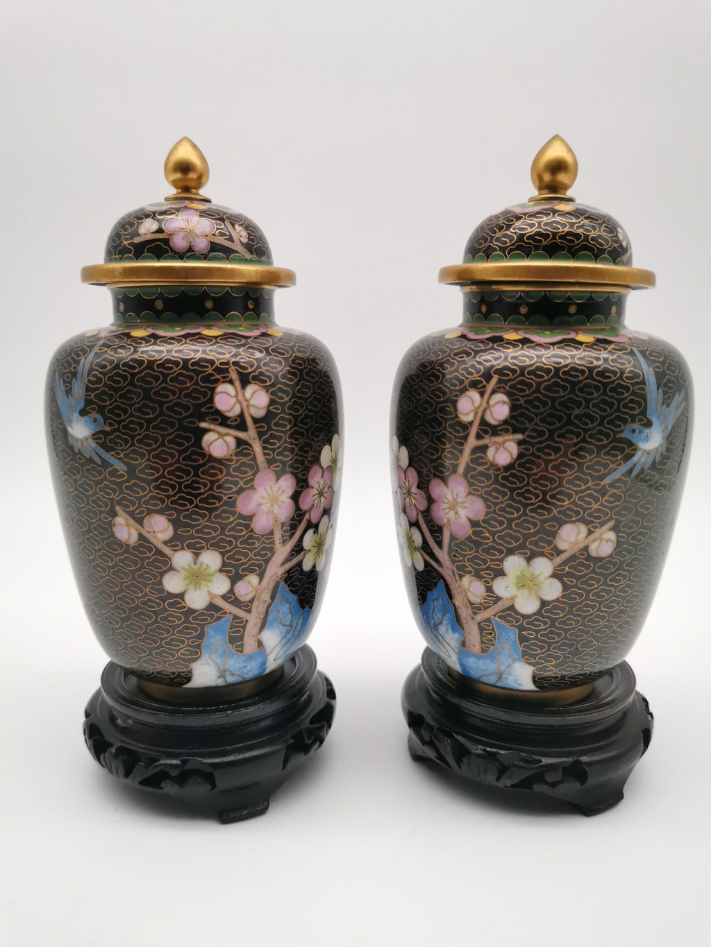 Pair of Vintage Chinese Cloisonné Ginger Jars - Blue Bird and Plum Blossom, with wooden stands