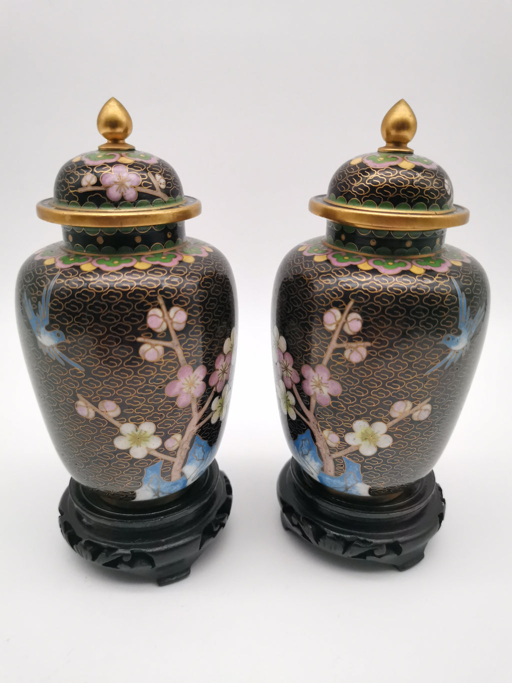Pair of Vintage Chinese Cloisonné Ginger Jars - Blue Bird and Plum Blossom, with wooden stands