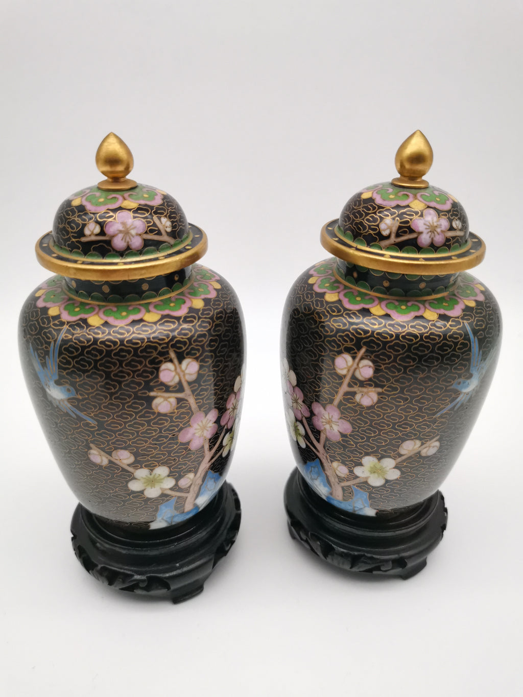 Pair of Vintage Chinese Cloisonné Ginger Jars - Blue Bird and Plum Blossom, with wooden stands