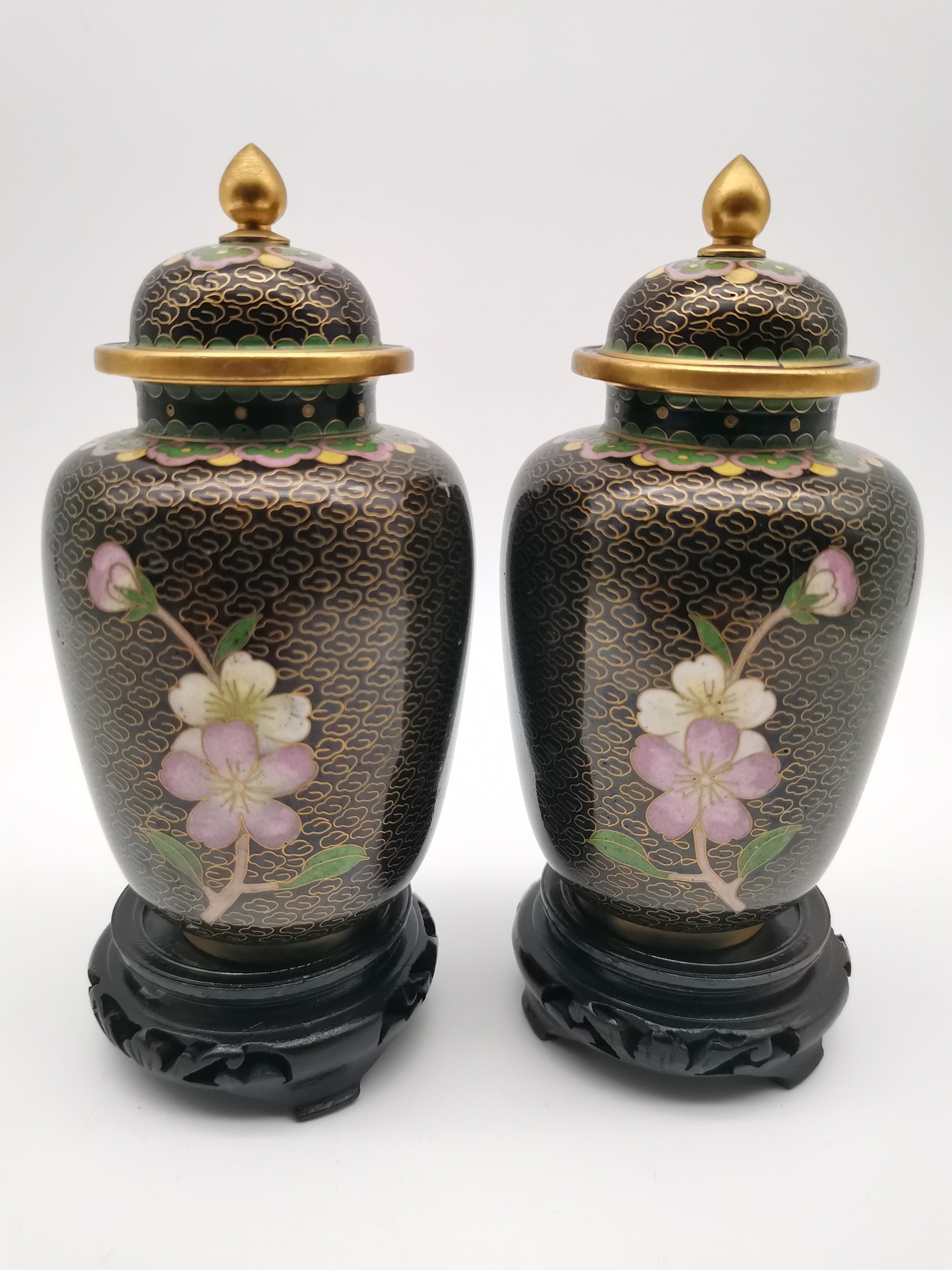 Pair of Vintage Chinese Cloisonné Ginger Jars - Blue Bird and Plum Blossom, with wooden stands