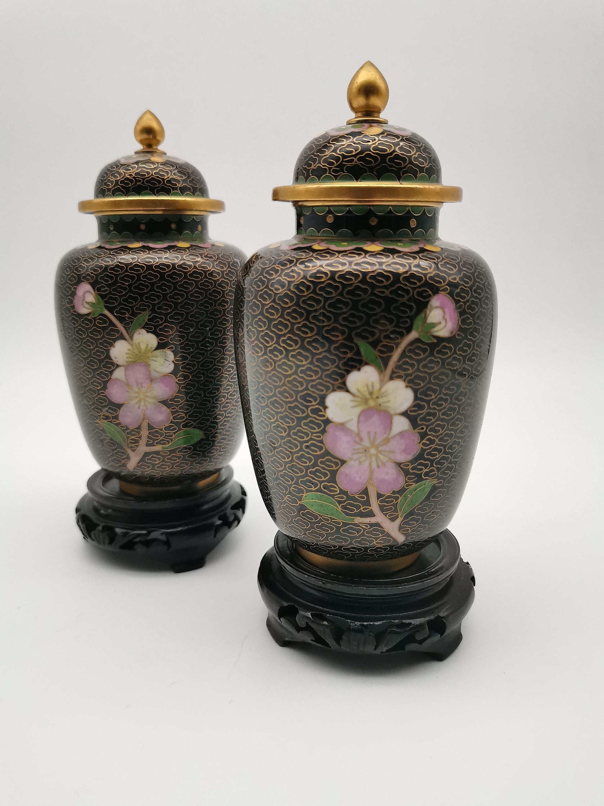 Pair of Vintage Chinese Cloisonné Ginger Jars - Blue Bird and Plum Blossom, with wooden stands