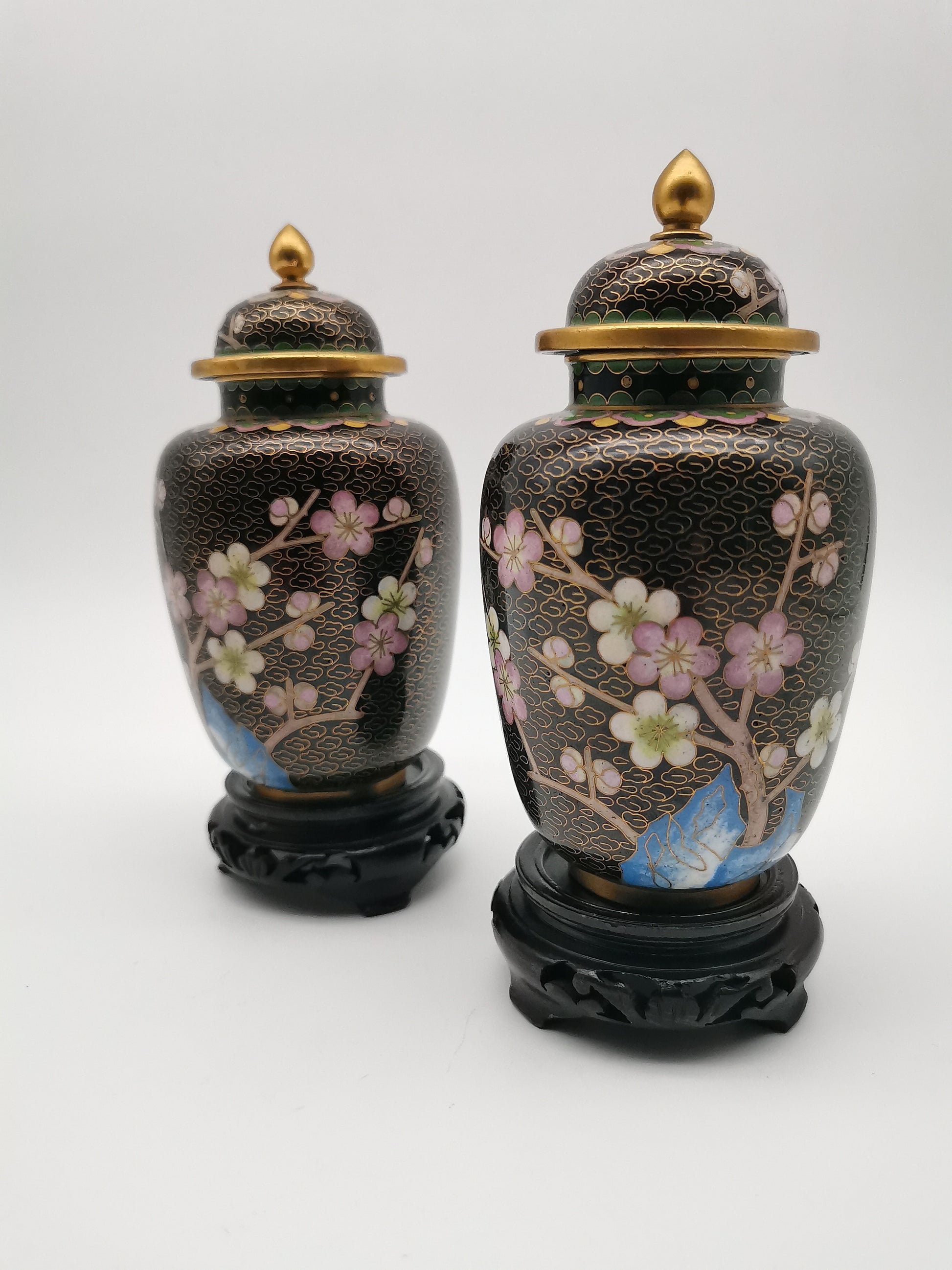 Pair of Vintage Chinese Cloisonné Ginger Jars - Blue Bird and Plum Blossom, with wooden stands