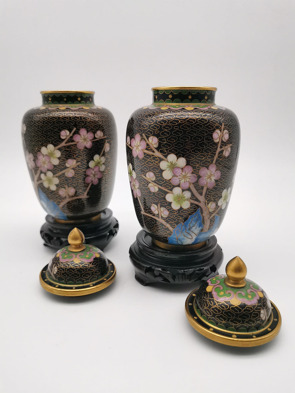 Pair of Vintage Chinese Cloisonné Ginger Jars - Blue Bird and Plum Blossom, with wooden stands