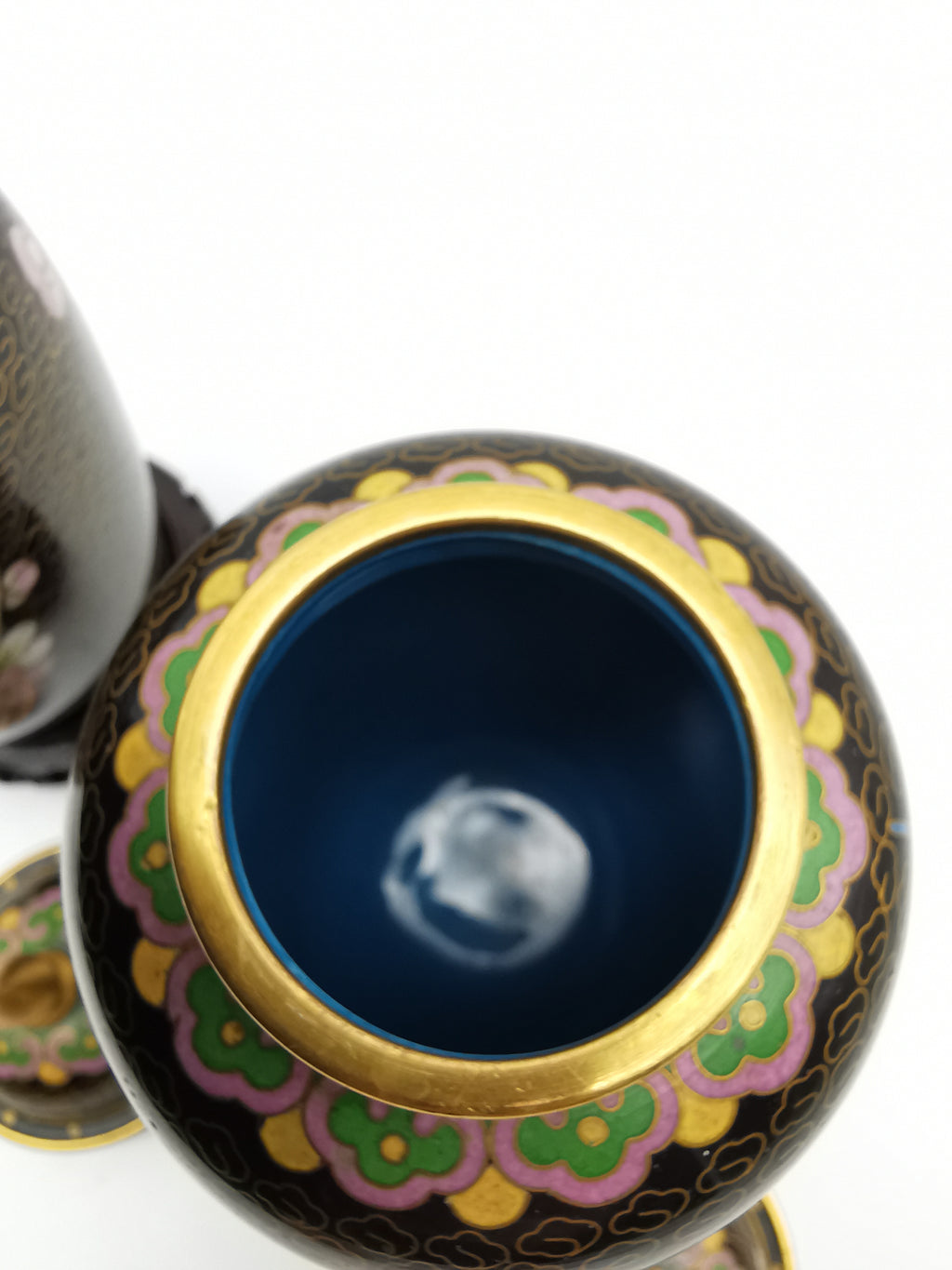 Pair of Vintage Chinese Cloisonné Ginger Jars - Blue Bird and Plum Blossom, with wooden stands