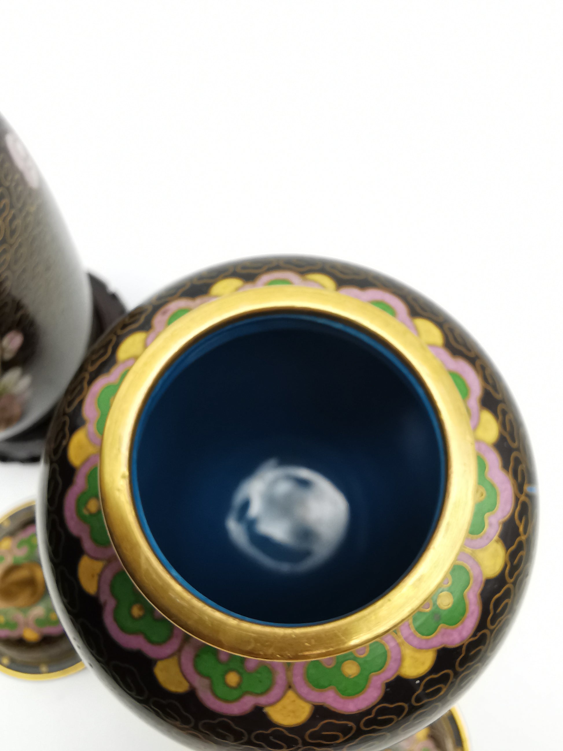 Pair of Vintage Chinese Cloisonné Ginger Jars - Blue Bird and Plum Blossom, with wooden stands