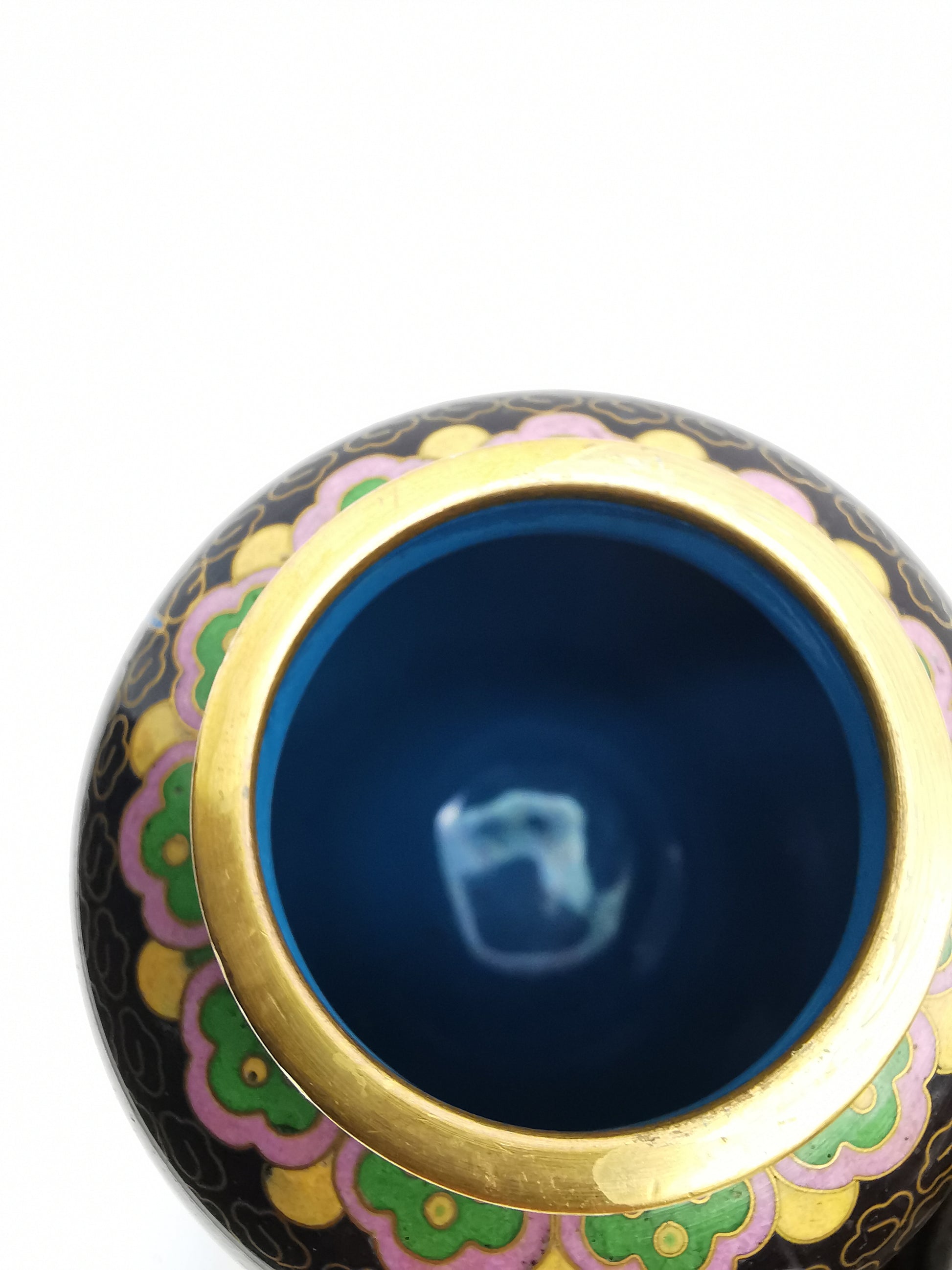 Pair of Vintage Chinese Cloisonné Ginger Jars - Blue Bird and Plum Blossom, with wooden stands