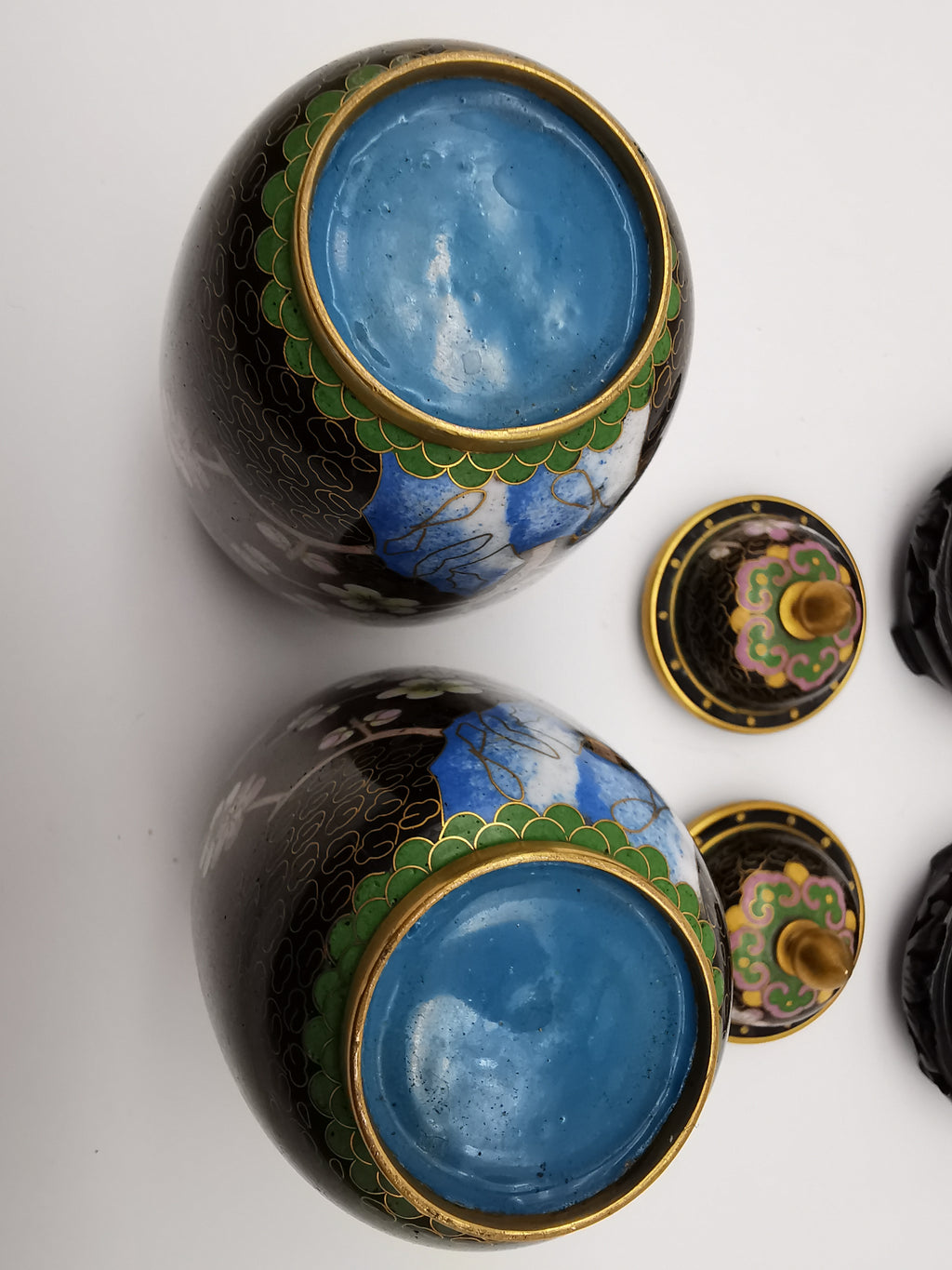 Pair of Vintage Chinese Cloisonné Ginger Jars - Blue Bird and Plum Blossom, with wooden stands