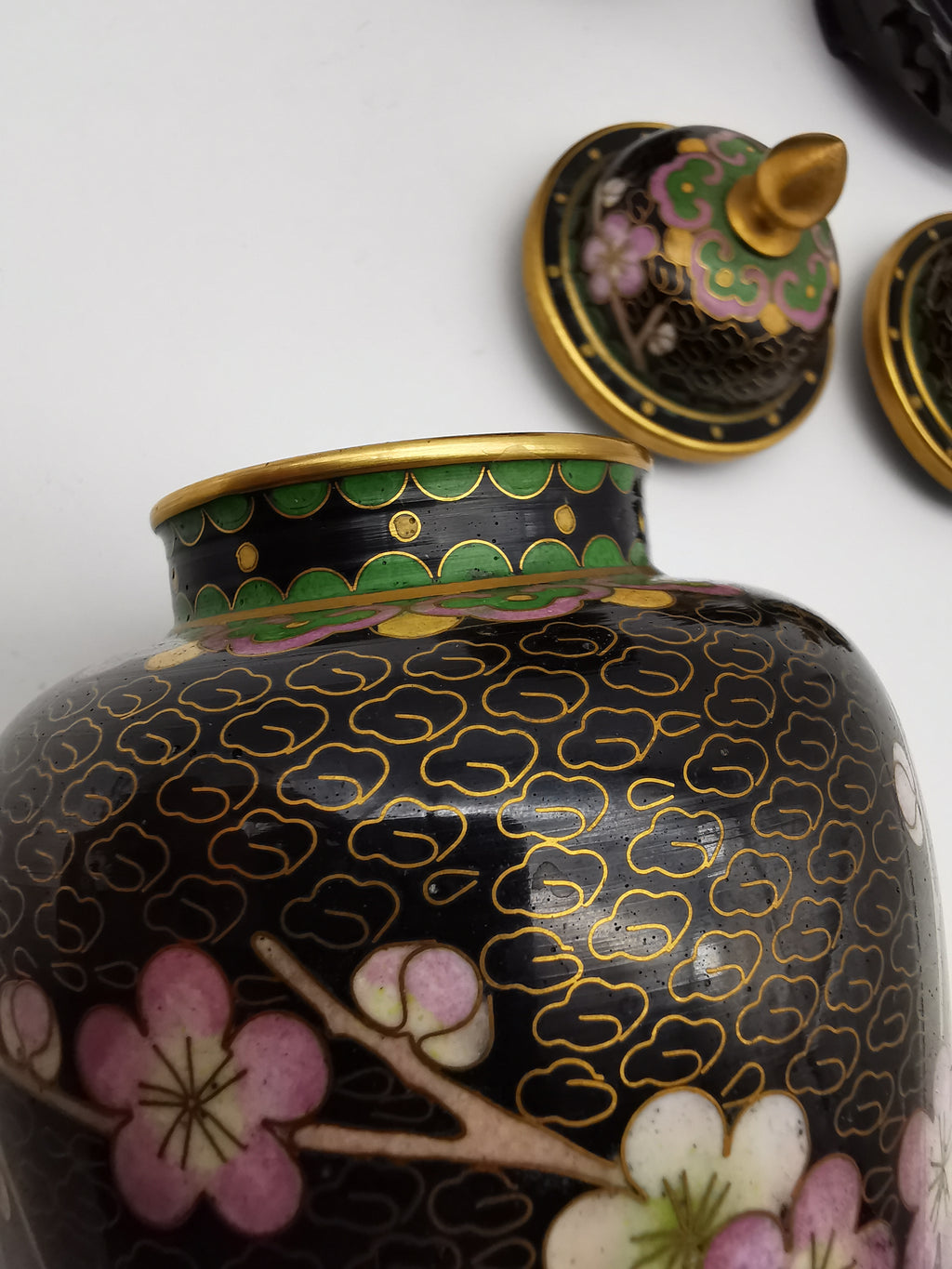 Pair of Vintage Chinese Cloisonné Ginger Jars - Blue Bird and Plum Blossom, with wooden stands