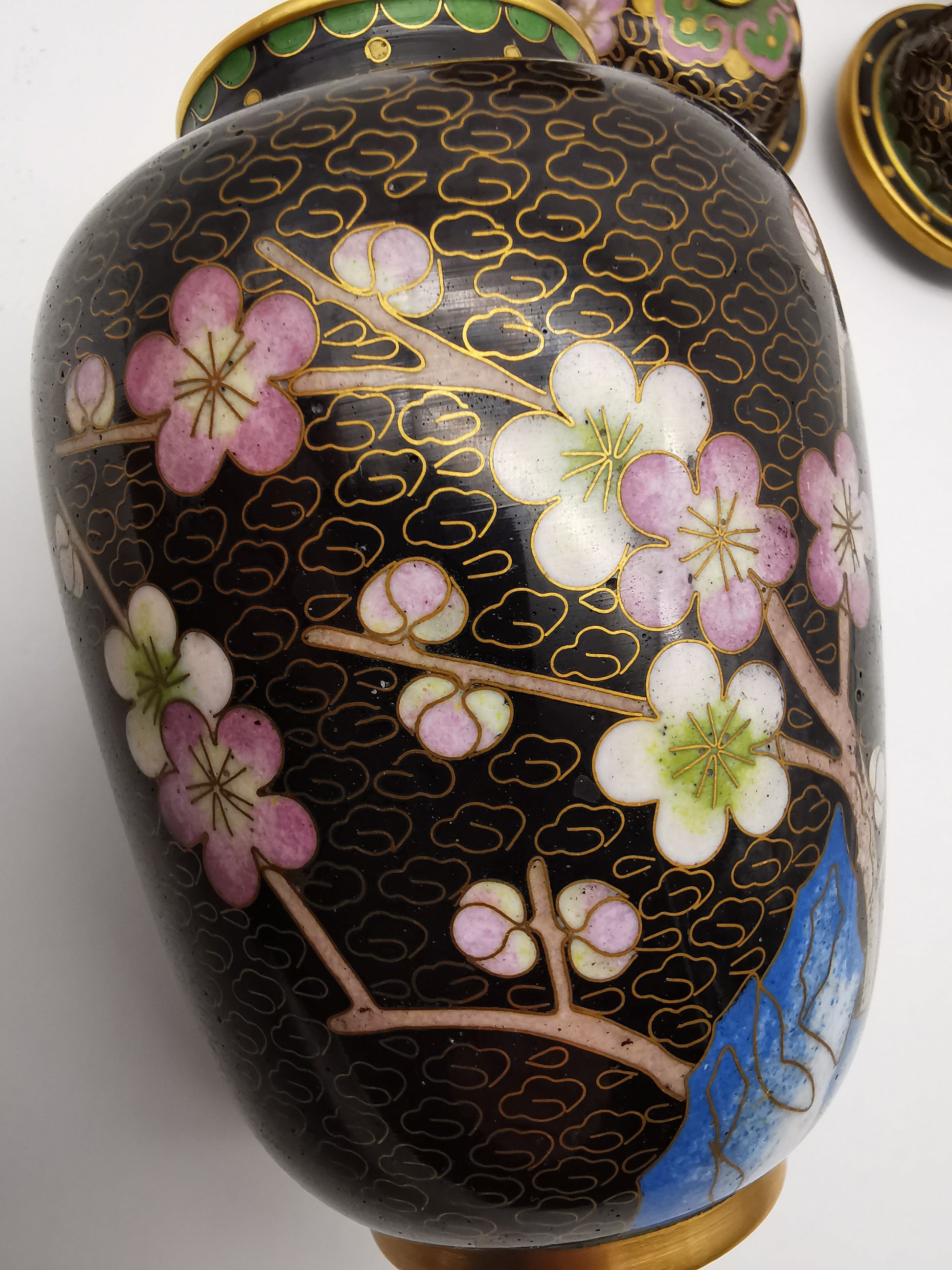 Pair of Vintage Chinese Cloisonné Ginger Jars - Blue Bird and Plum Blossom, with wooden stands