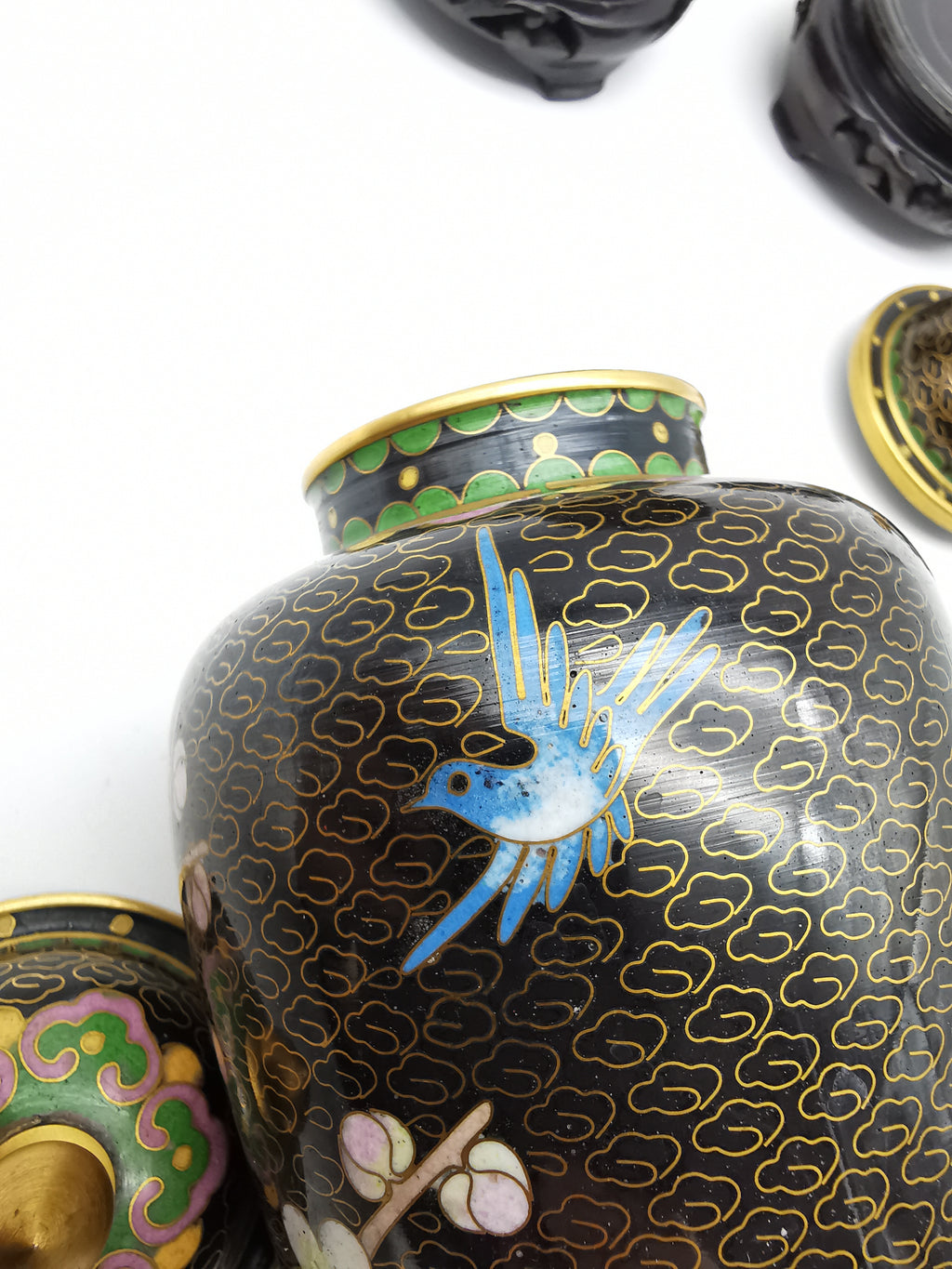 Pair of Vintage Chinese Cloisonné Ginger Jars - Blue Bird and Plum Blossom, with wooden stands