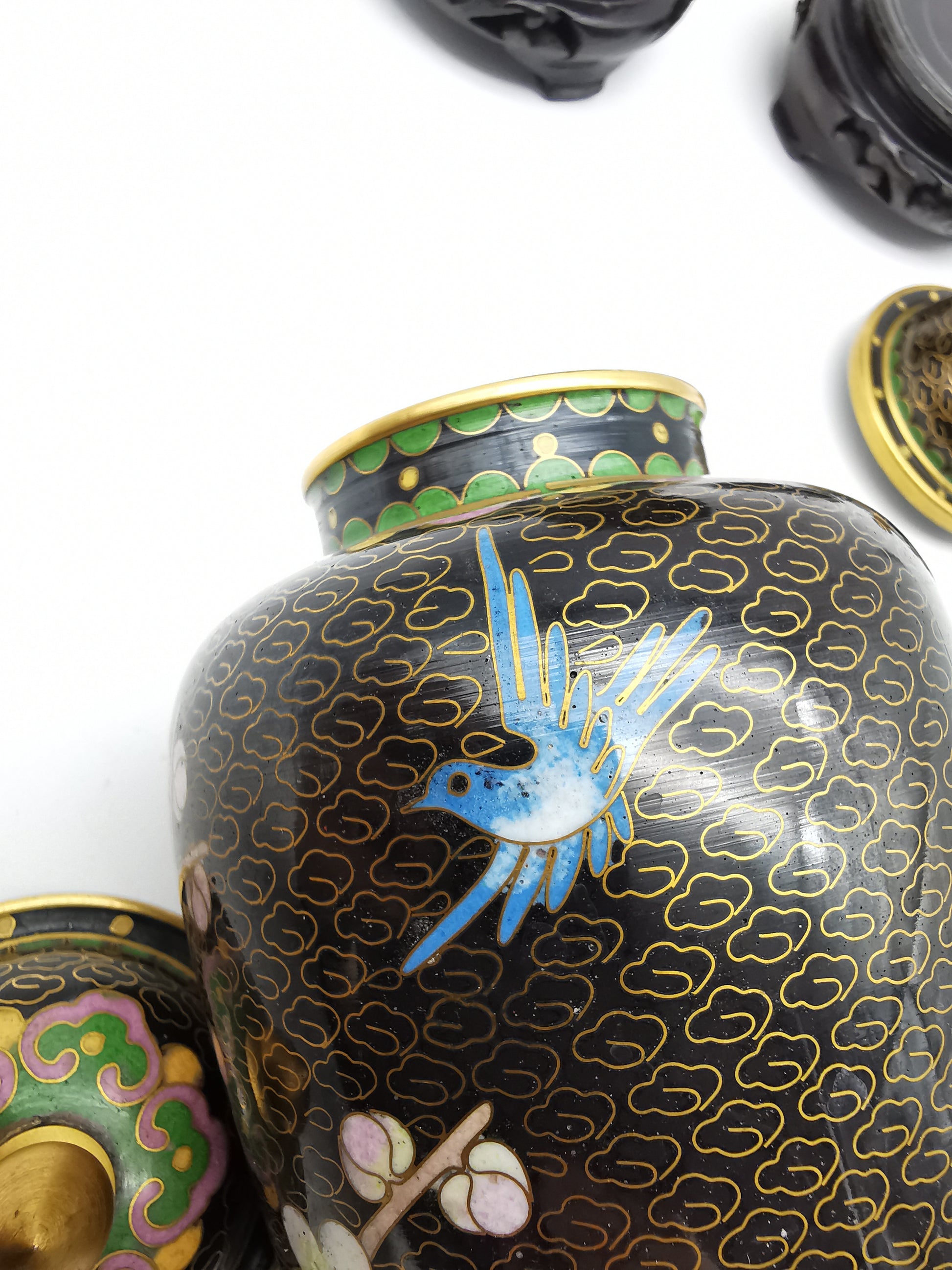 Pair of Vintage Chinese Cloisonné Ginger Jars - Blue Bird and Plum Blossom, with wooden stands