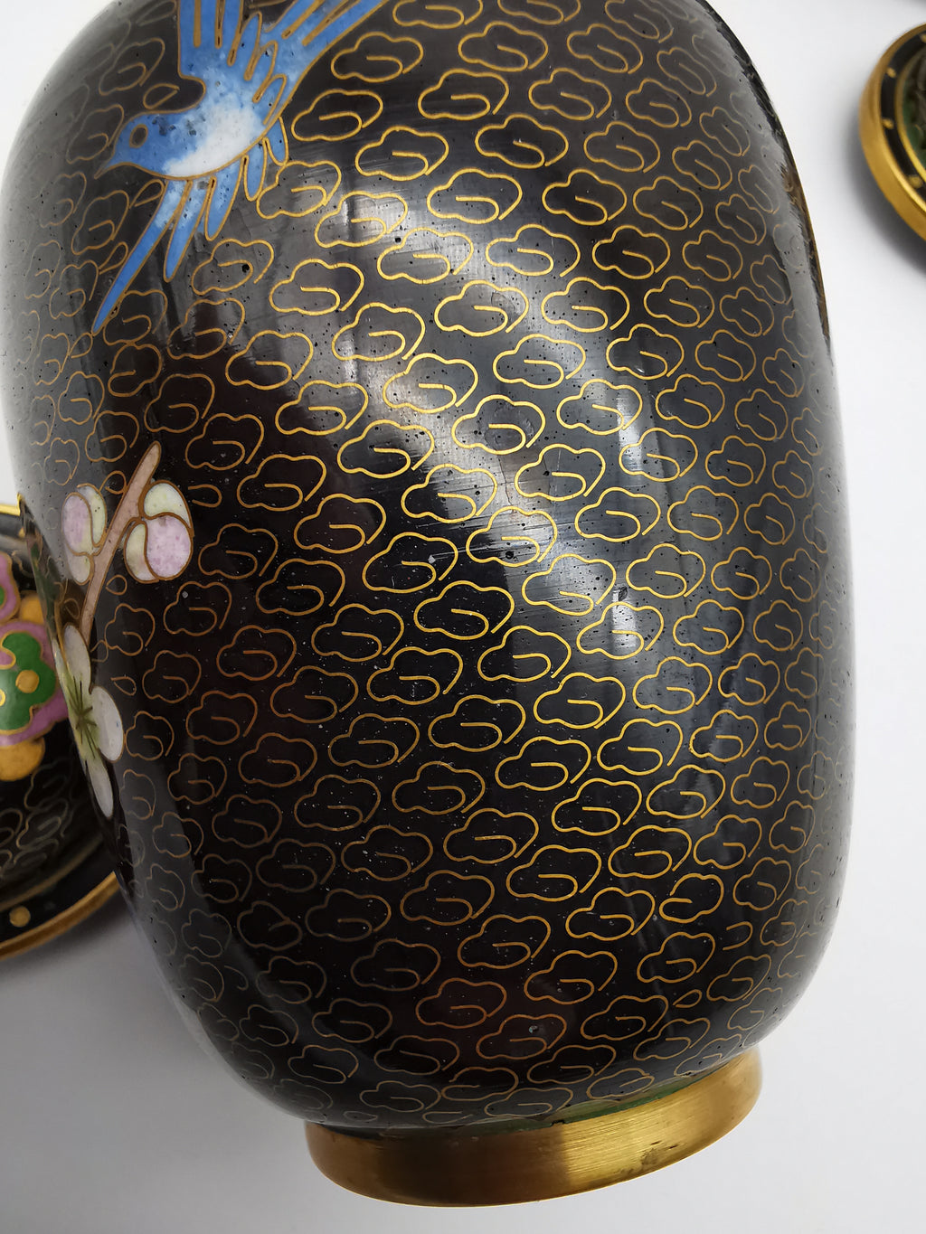 Pair of Vintage Chinese Cloisonné Ginger Jars - Blue Bird and Plum Blossom, with wooden stands
