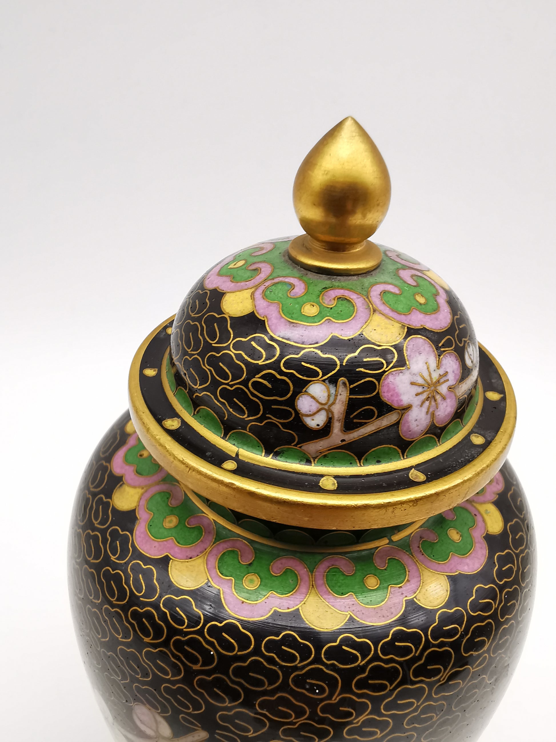 Pair of Vintage Chinese Cloisonné Ginger Jars - Blue Bird and Plum Blossom, with wooden stands
