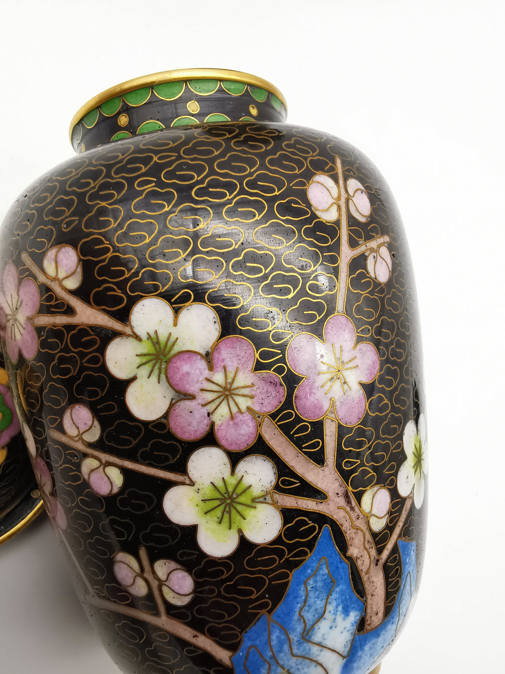 Pair of Vintage Chinese Cloisonné Ginger Jars - Blue Bird and Plum Blossom, with wooden stands