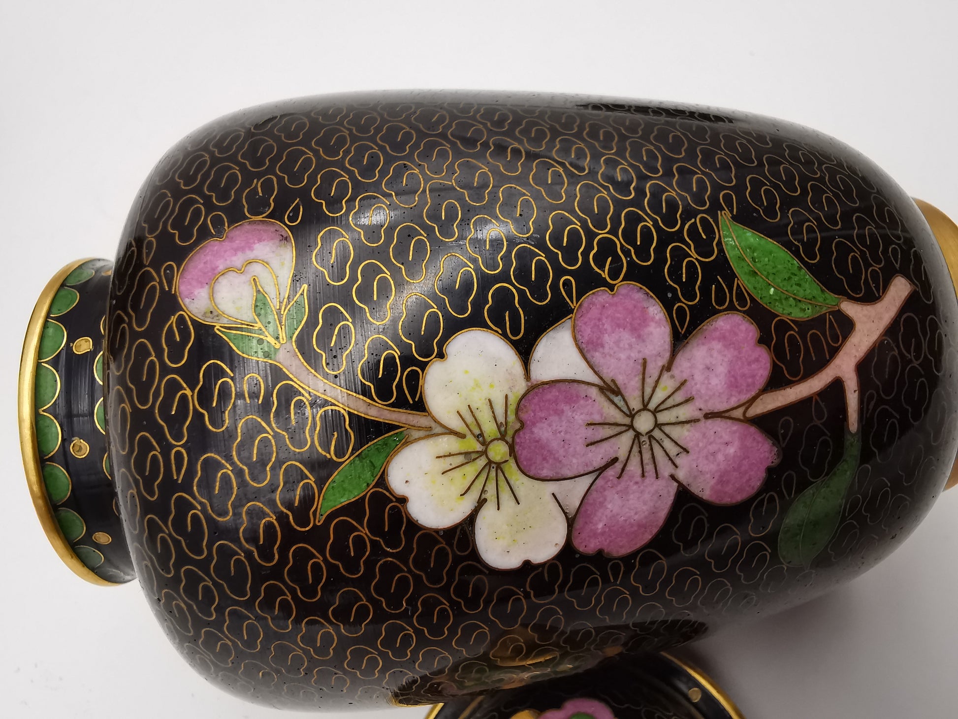 Pair of Vintage Chinese Cloisonné Ginger Jars - Blue Bird and Plum Blossom, with wooden stands