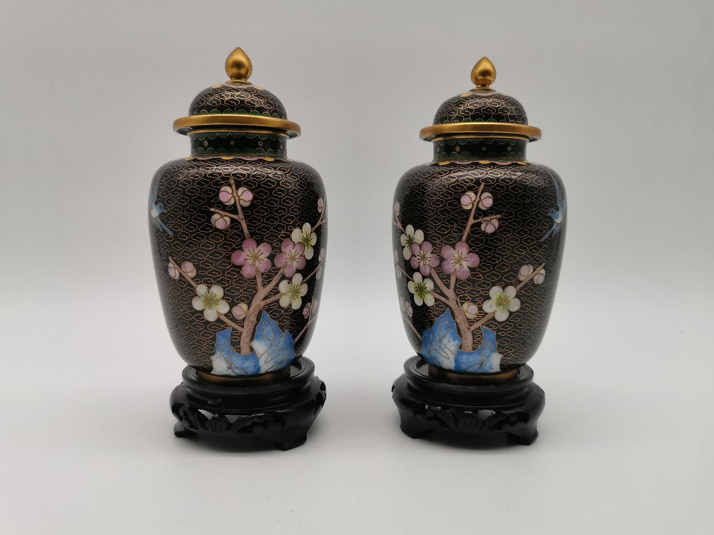 Pair of Vintage Chinese Cloisonné Ginger Jars - Blue Bird and Plum Blossom, with wooden stands