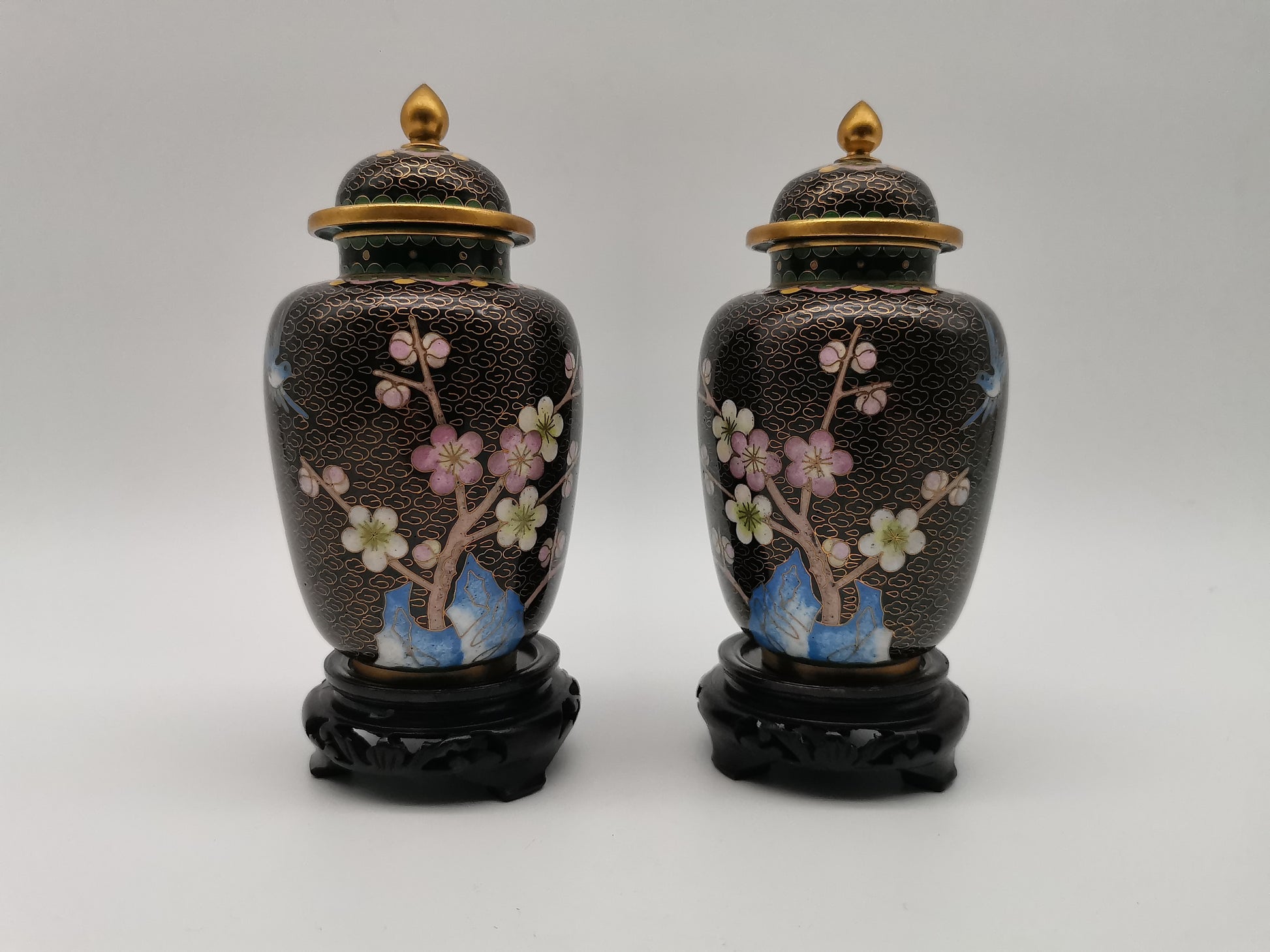 Pair of Vintage Chinese Cloisonné Ginger Jars - Blue Bird and Plum Blossom, with wooden stands