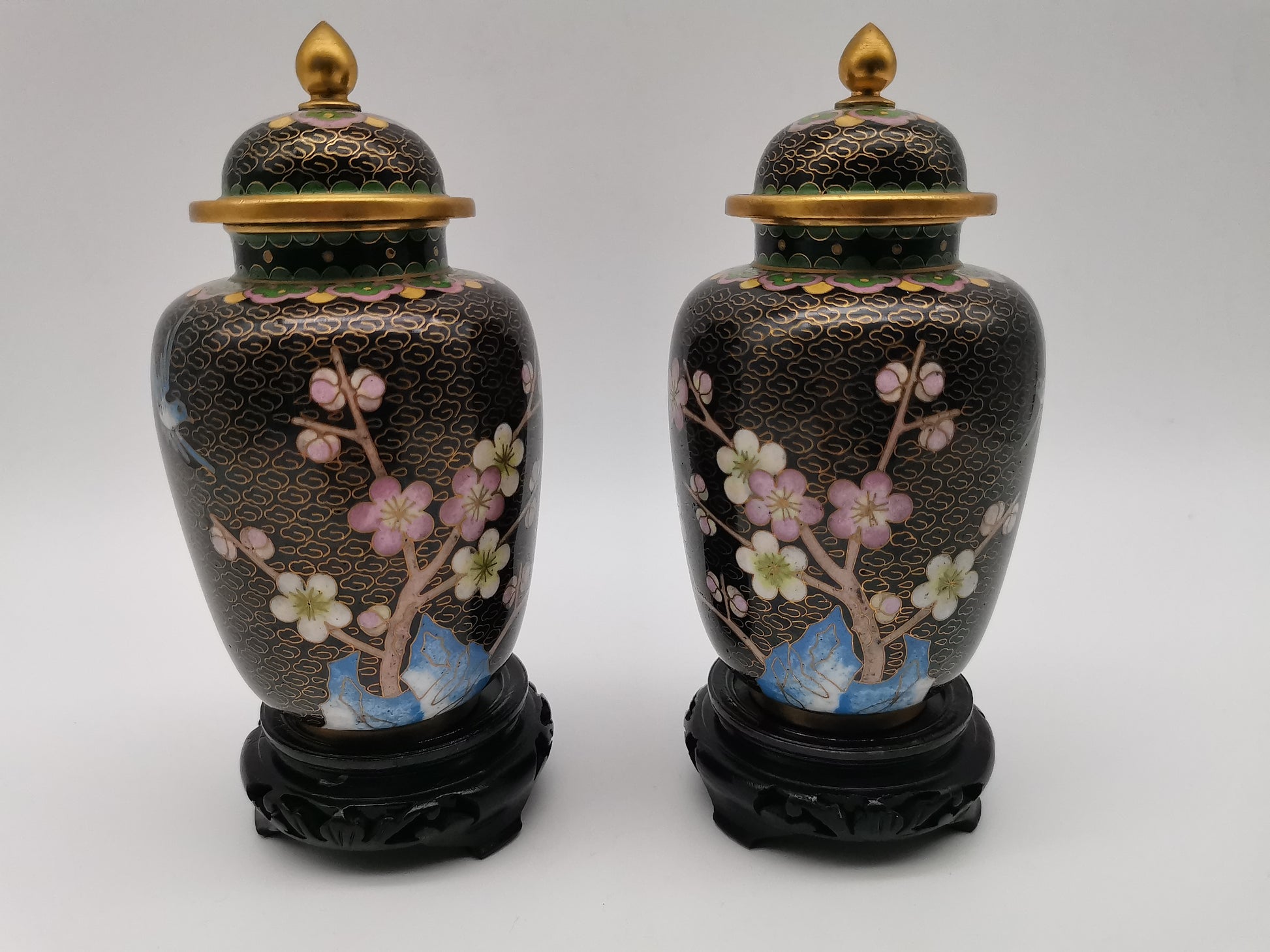 Pair of Vintage Chinese Cloisonné Ginger Jars - Blue Bird and Plum Blossom, with wooden stands