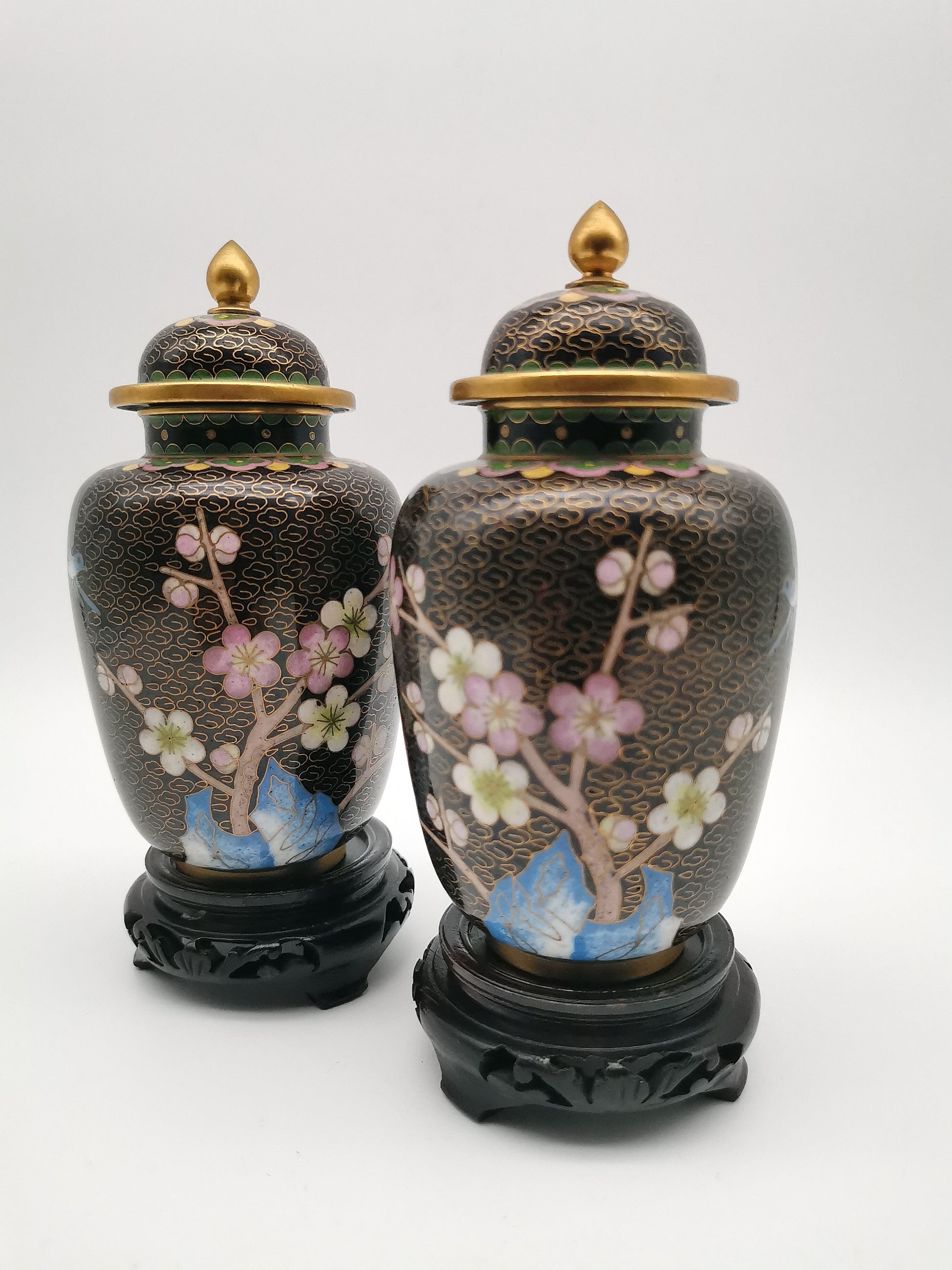 Pair of Vintage Chinese Cloisonné Ginger Jars - Blue Bird and Plum Blossom, with wooden stands
