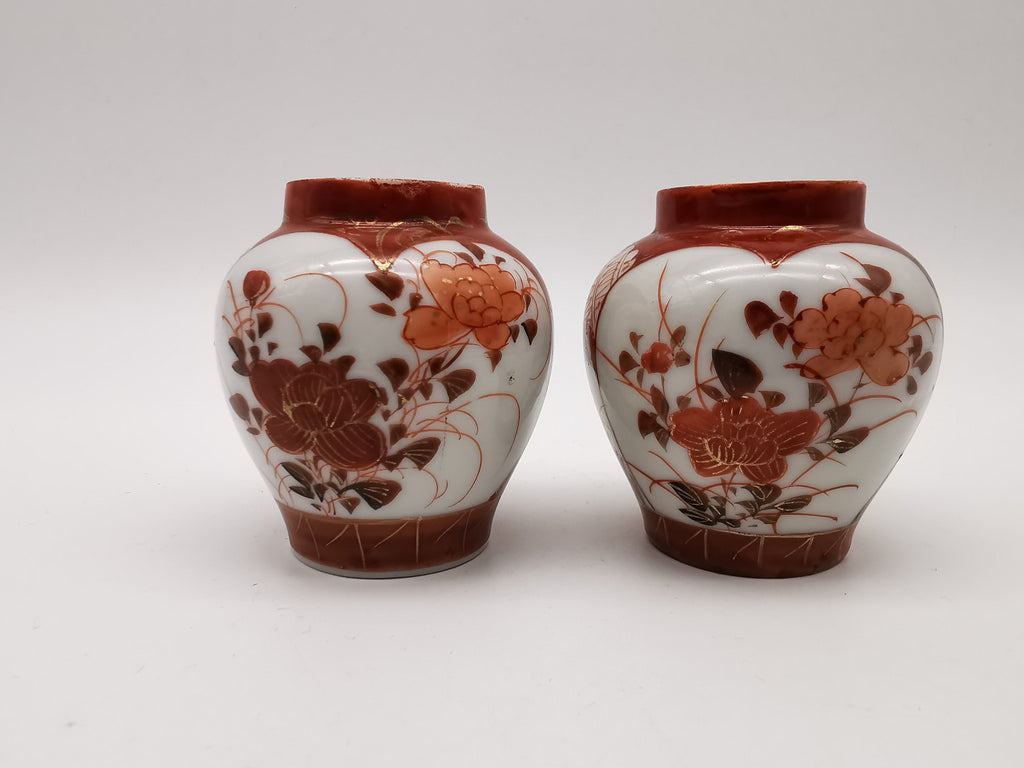 Pair of Antique Japanese Meiji Kutani Cabinet Vases – Iron Red and Gold