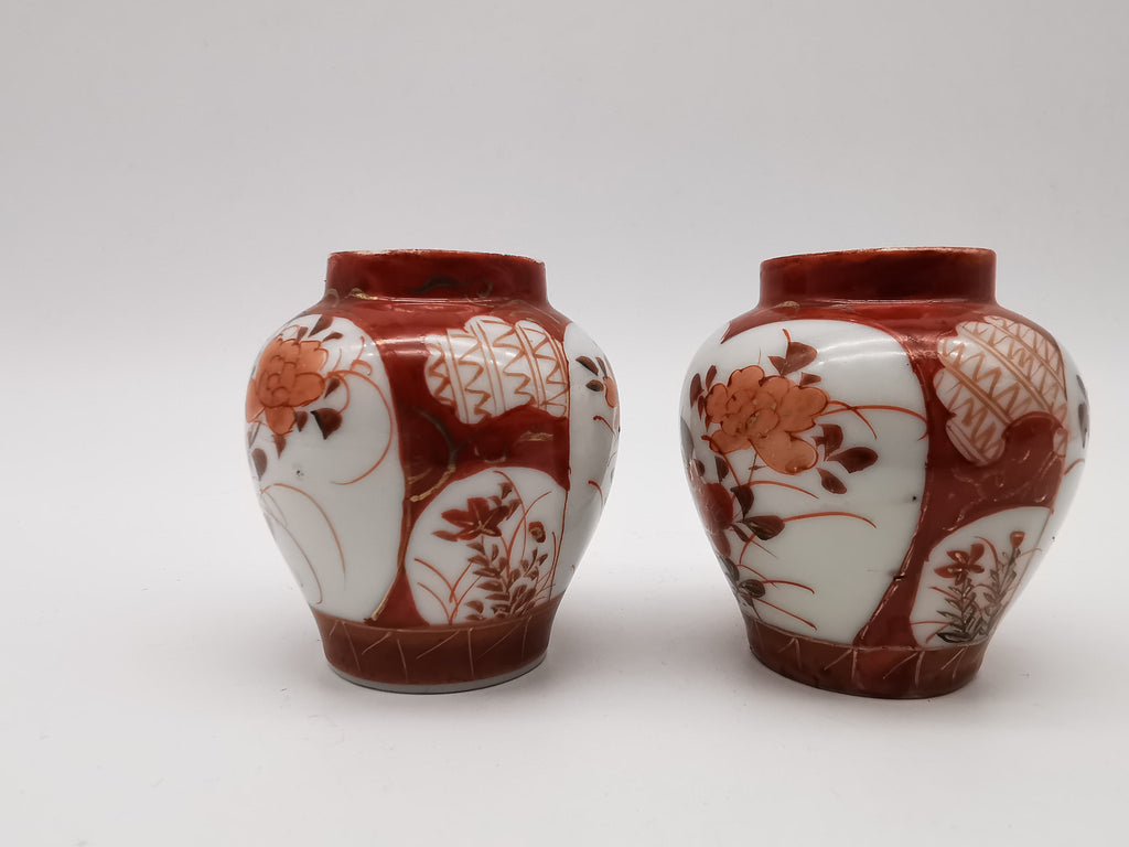 Pair of Antique Japanese Meiji Kutani Cabinet Vases – Iron Red and Gold