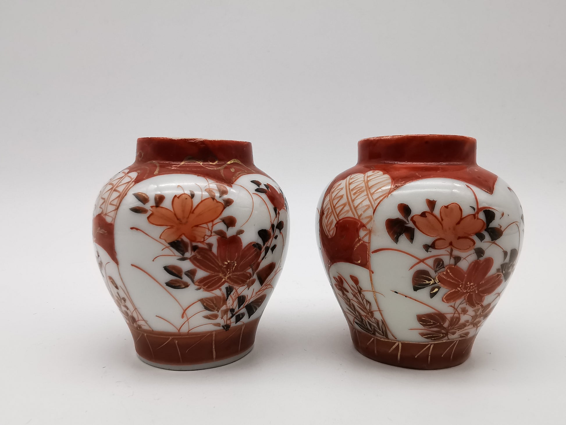 Pair of Antique Japanese Meiji Kutani Cabinet Vases – Iron Red and Gold