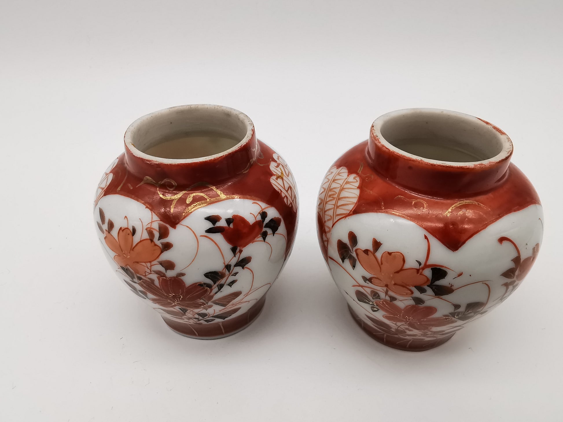 Pair of Antique Japanese Meiji Kutani Cabinet Vases – Iron Red and Gold