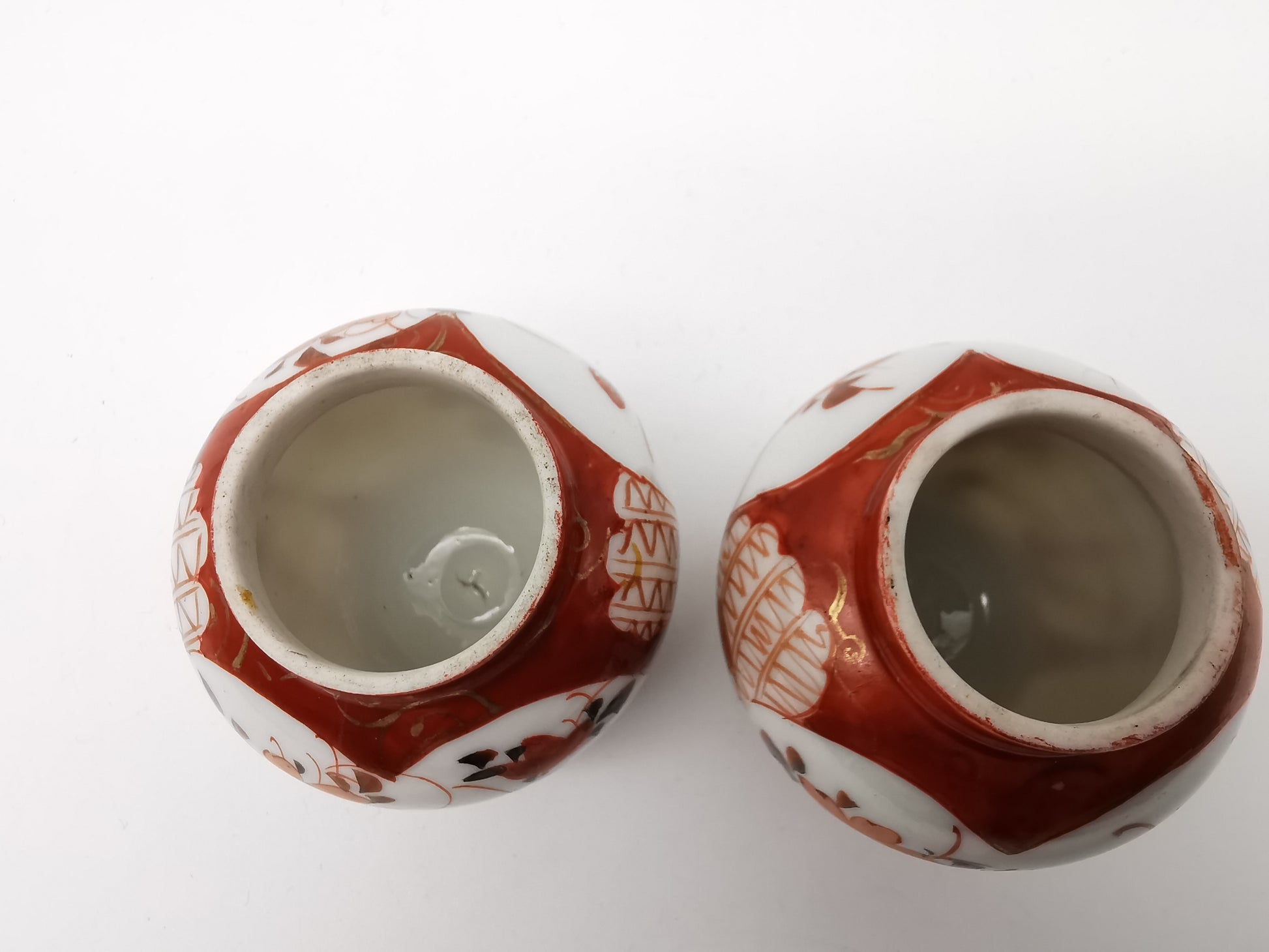 Pair of Antique Japanese Meiji Kutani Cabinet Vases – Iron Red and Gold