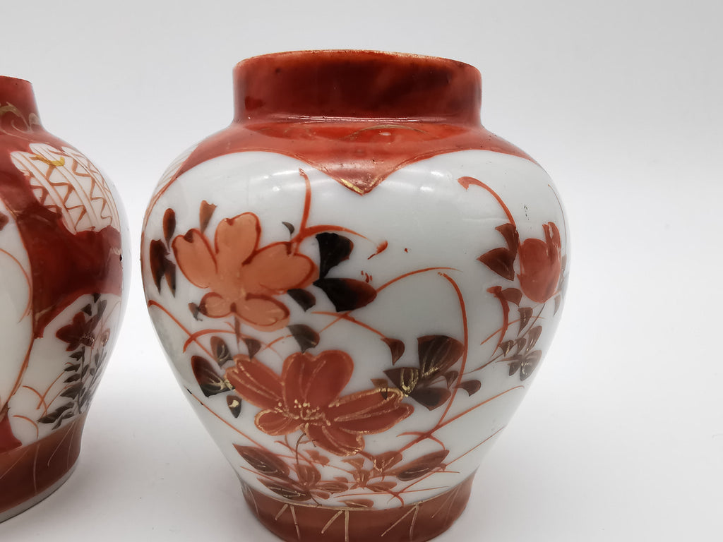 Pair of Antique Japanese Meiji Kutani Cabinet Vases – Iron Red and Gold