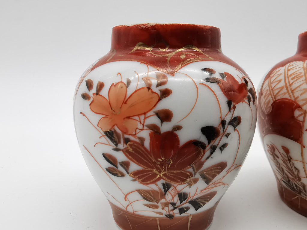 Pair of Antique Japanese Meiji Kutani Cabinet Vases – Iron Red and Gold