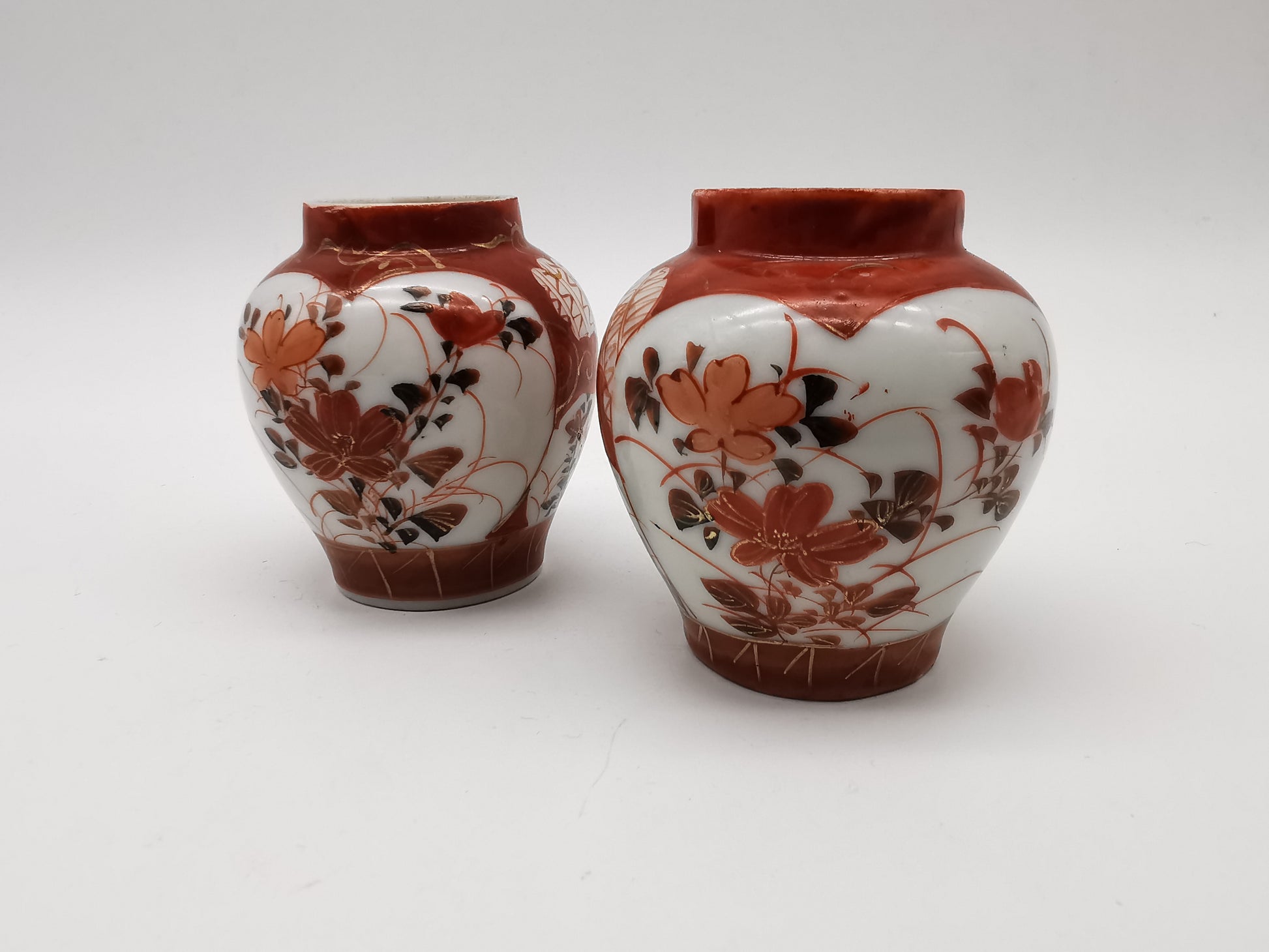 Pair of Antique Japanese Meiji Kutani Cabinet Vases – Iron Red and Gold
