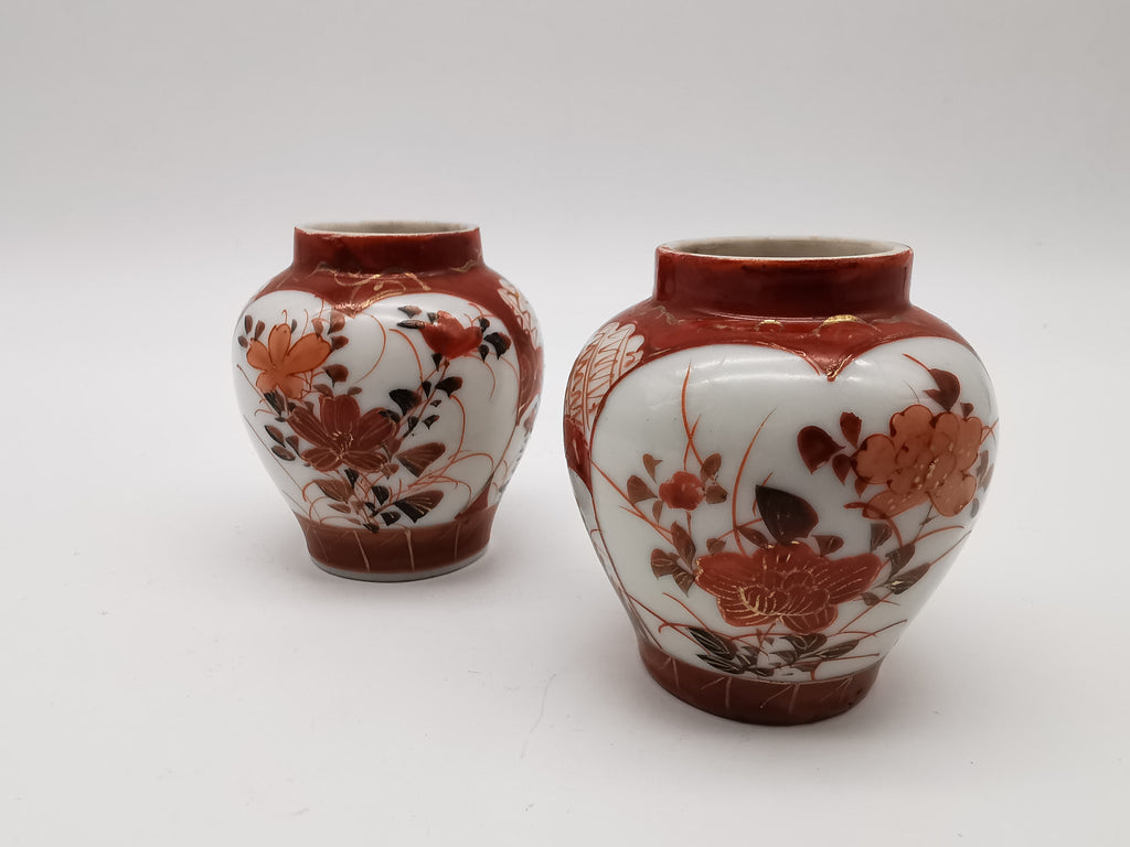 Pair of Antique Japanese Meiji Kutani Cabinet Vases – Iron Red and Gold