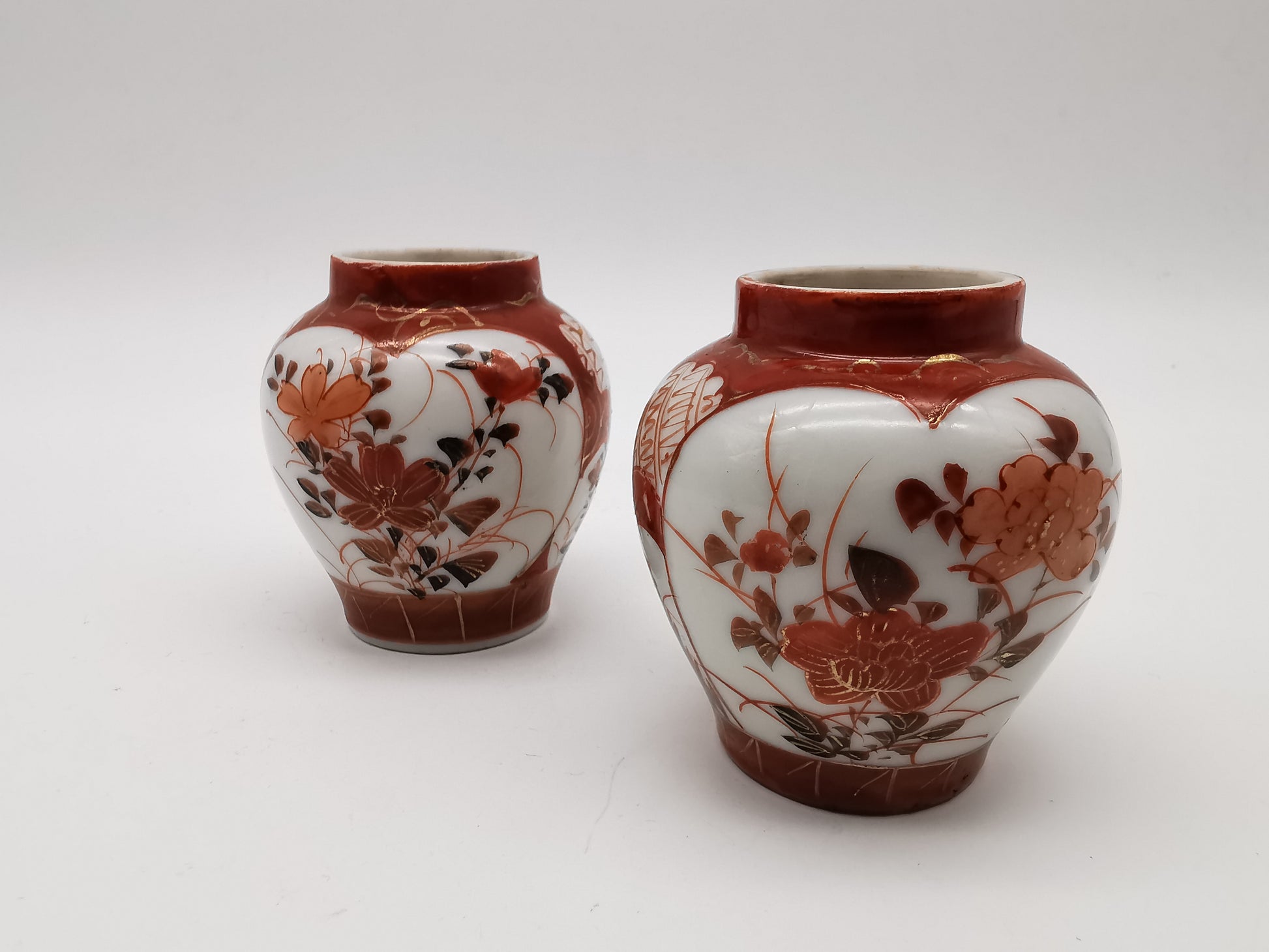Pair of Antique Japanese Meiji Kutani Cabinet Vases – Iron Red and Gold
